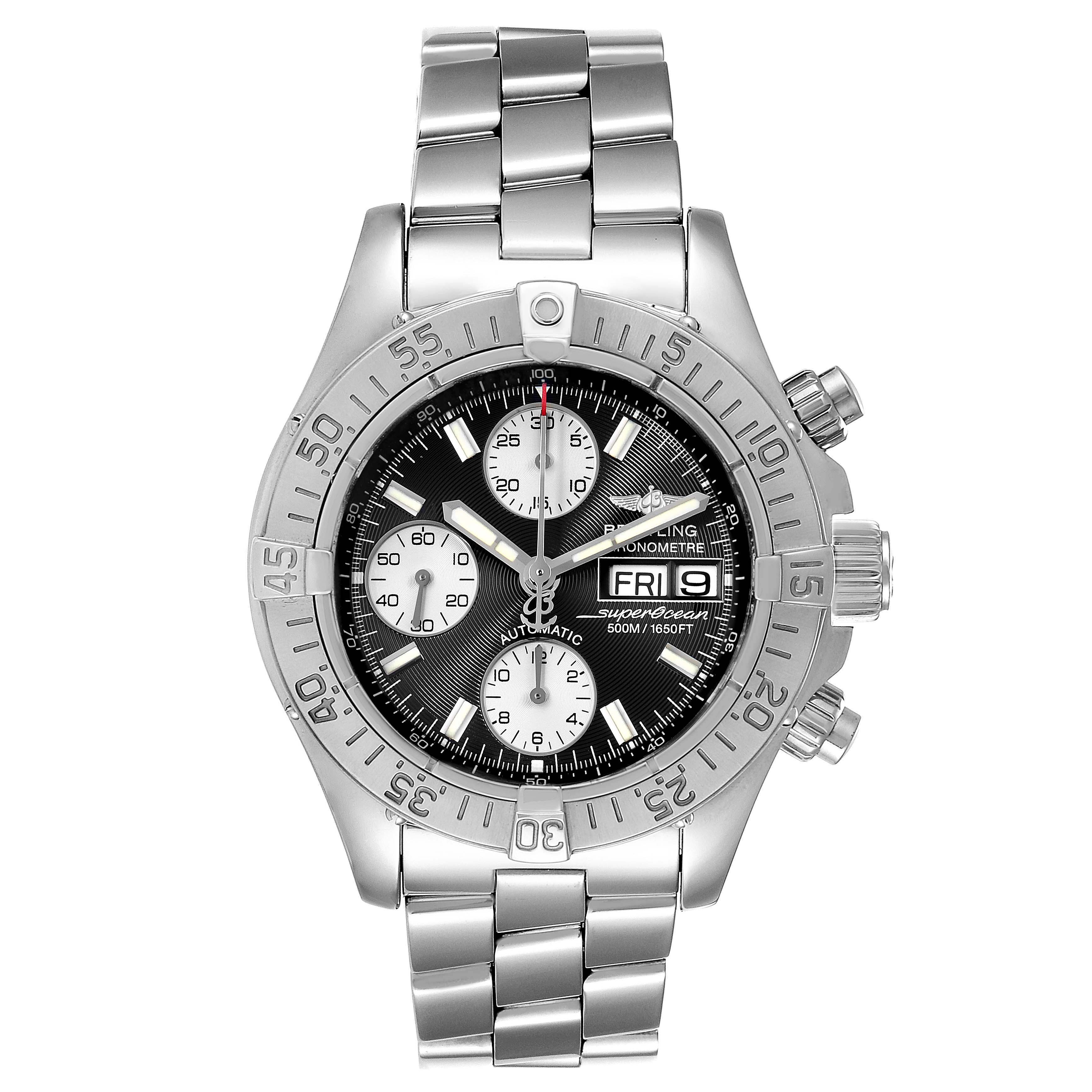 This Breitling Superocean A13340 Men's Stainless Steel Black Dial A13340 Men's Stainless Steel Black Dial model watch is shown from a frontal angle, displaying the dial, bezel, and bracelet.