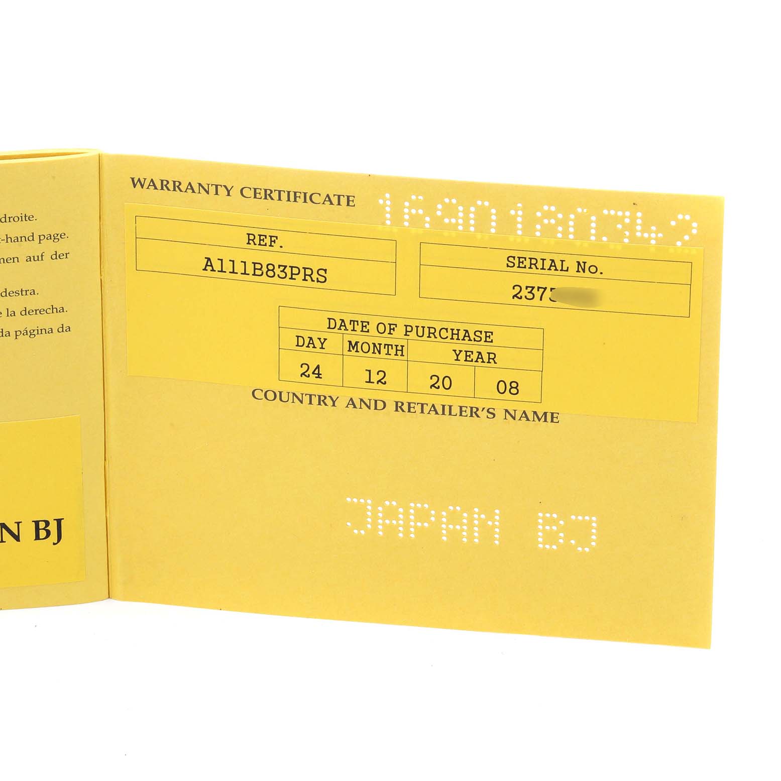 The image shows the warranty certificate for a Breitling Superocean A13340 Men's Stainless Steel Black Dial A13340 Men's Stainless Steel Black Dial watch, displaying reference number, serial number, and date of purchase.