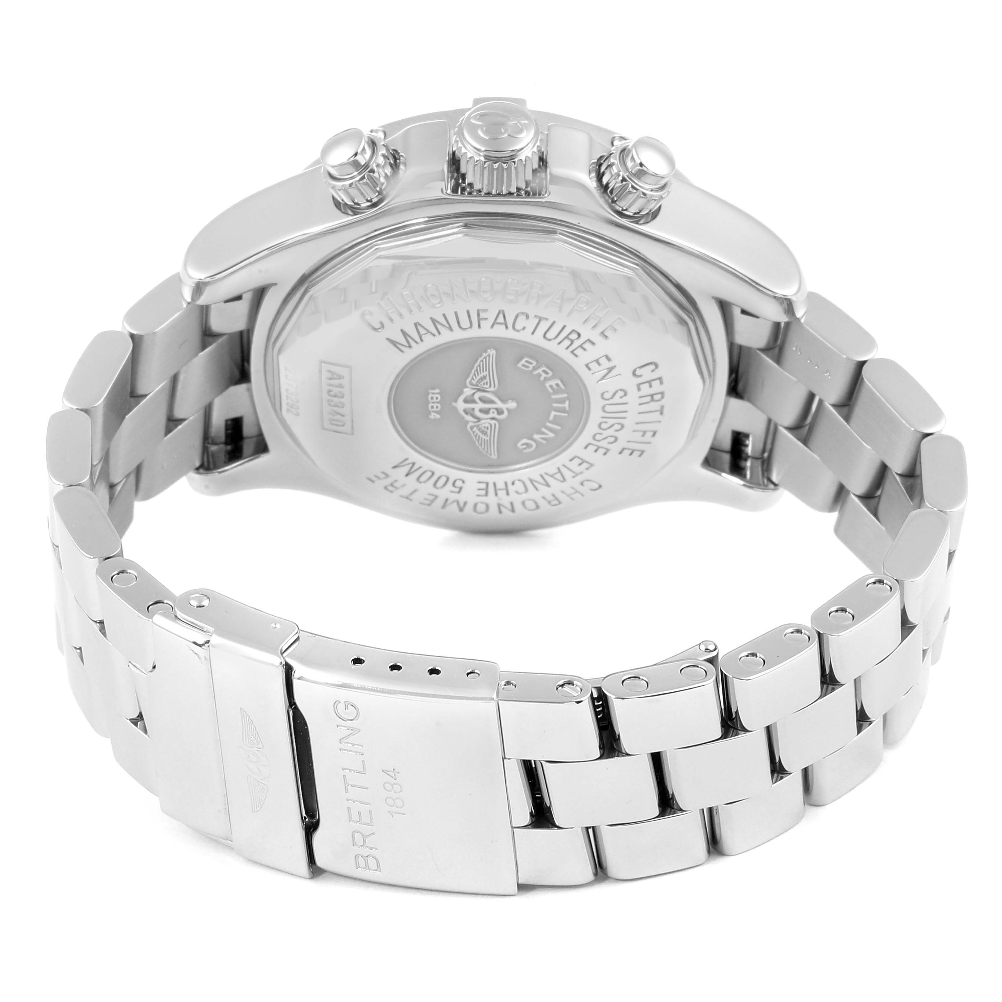 The image shows the back, side, and bracelet of a Breitling Superocean A13340 Men's Stainless Steel Black Dial A13340 Men's Stainless Steel Black Dial watch, including the deployment clasp and buttons.