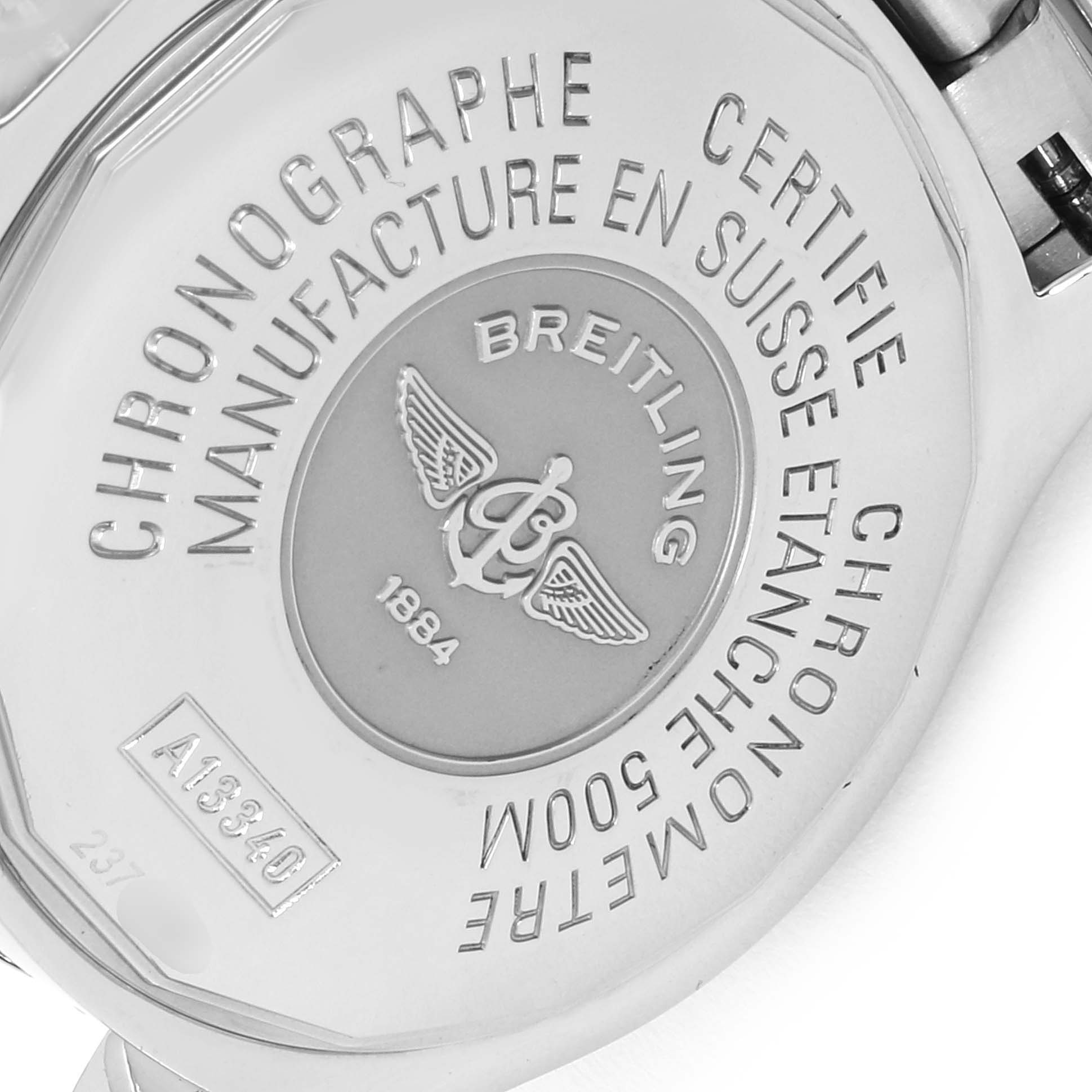 This image shows the back case of a Breitling Superocean A13340 Men's Stainless Steel Black Dial A13340 Men's Stainless Steel Black Dial watch, featuring the brand's logo and various inscriptions.