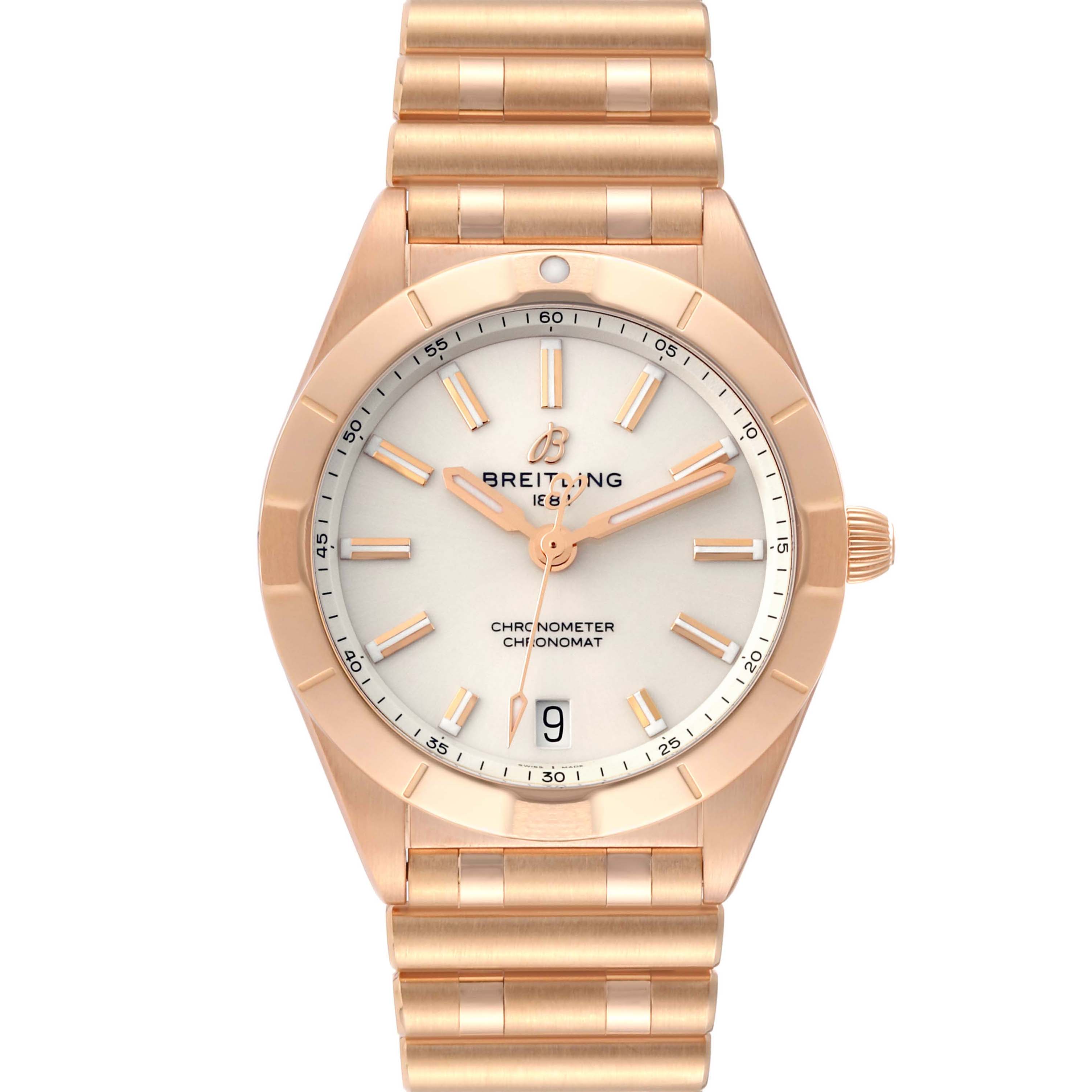 The image shows a front view of the Breitling R77310101A1R1 Women's Rose Gold White Dial R77310101A1R1 Women's Rose Gold White Dial Chronomat 32 White Dial Rose Gold Ladies Watch (model R77310).