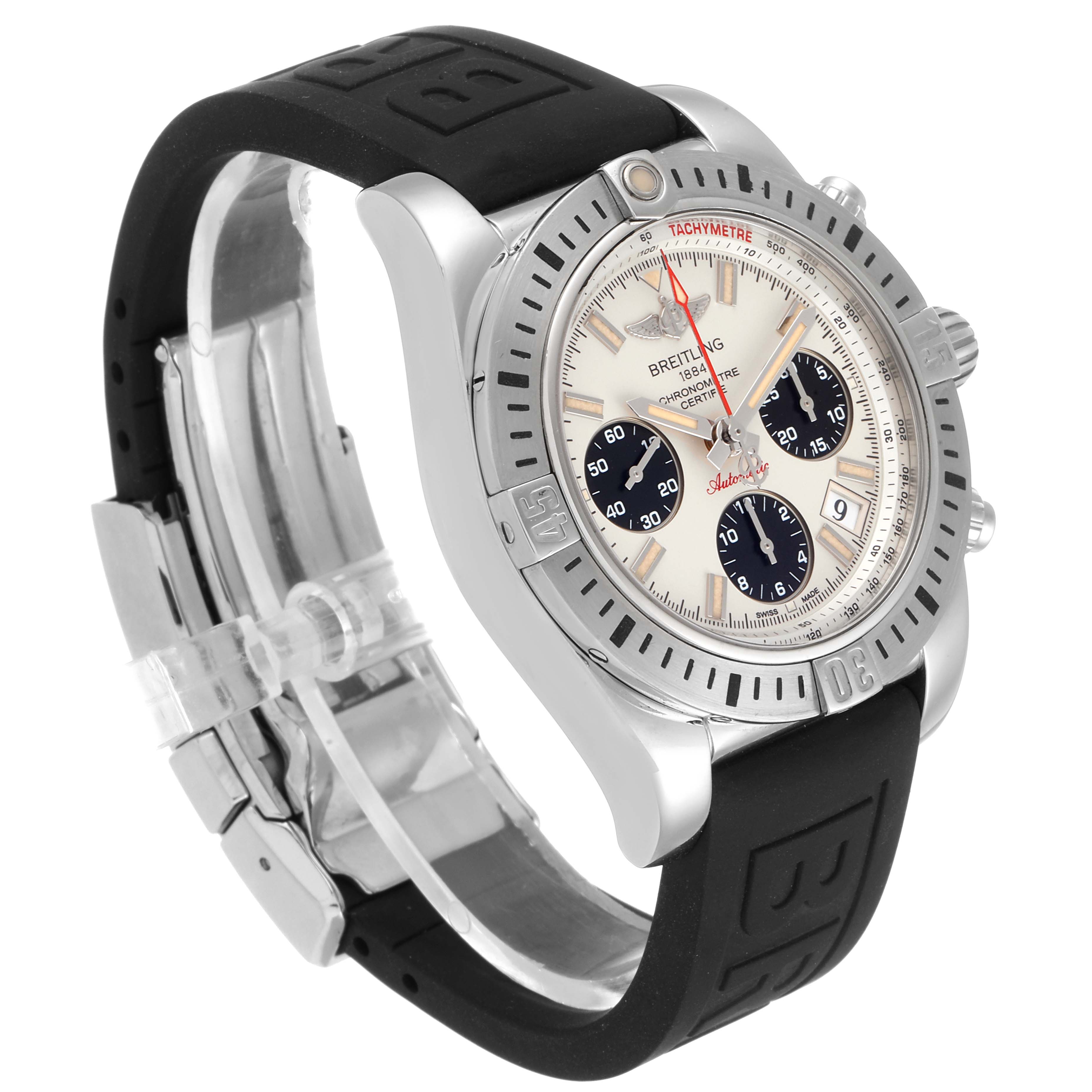 The Breitling Chronomat AB0141 Men's Stainless Steel Silver Dial AB0141 Men's Stainless Steel Silver Dial watch is shown at an oblique angle, highlighting its bezel, dial, subdials, and black rubber strap.