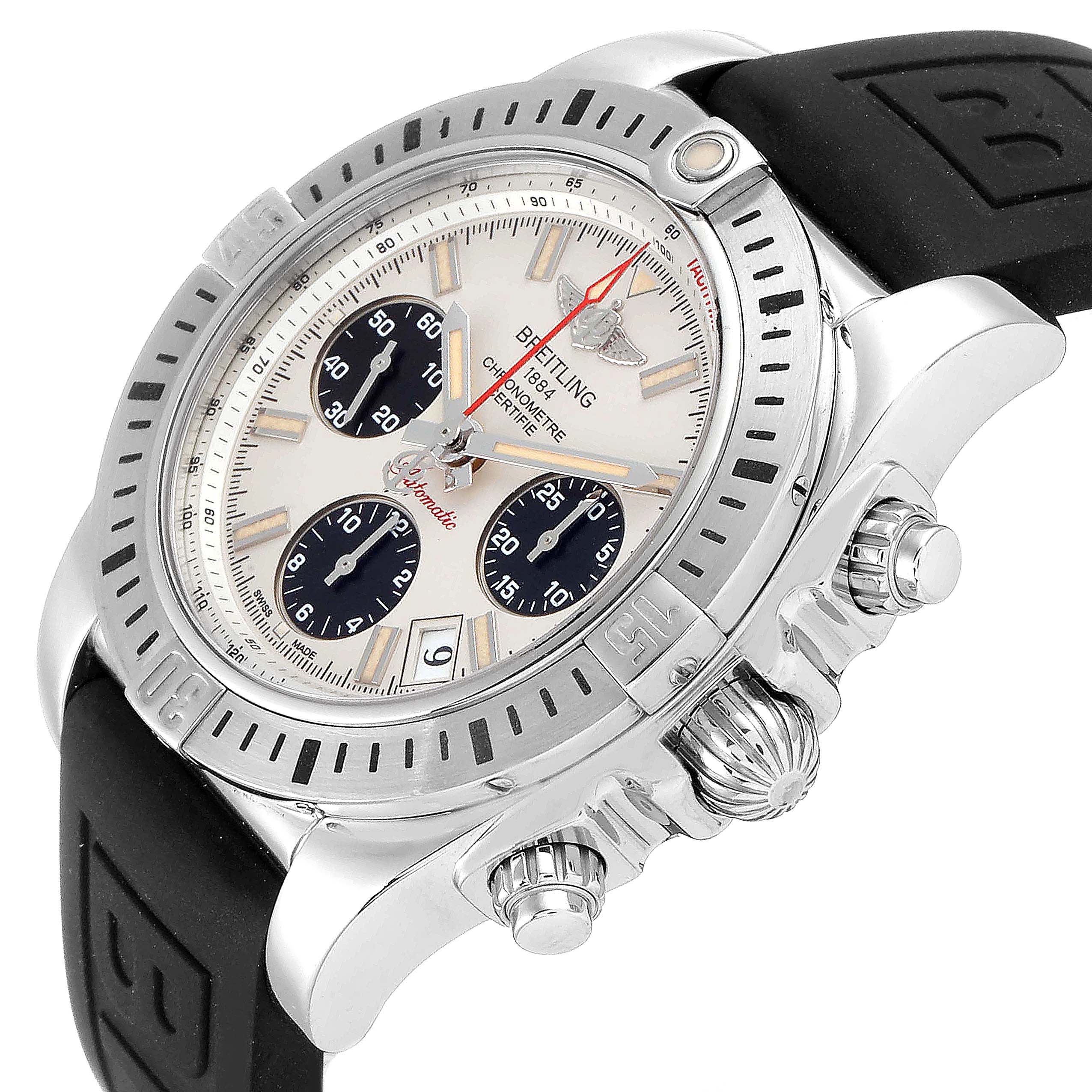 The image shows a side-angle view of a Breitling Chronomat AB0141 Men's Stainless Steel Silver Dial AB0141 Men's Stainless Steel Silver Dial watch, highlighting its dial, chronograph subdials, bezel, and crown.