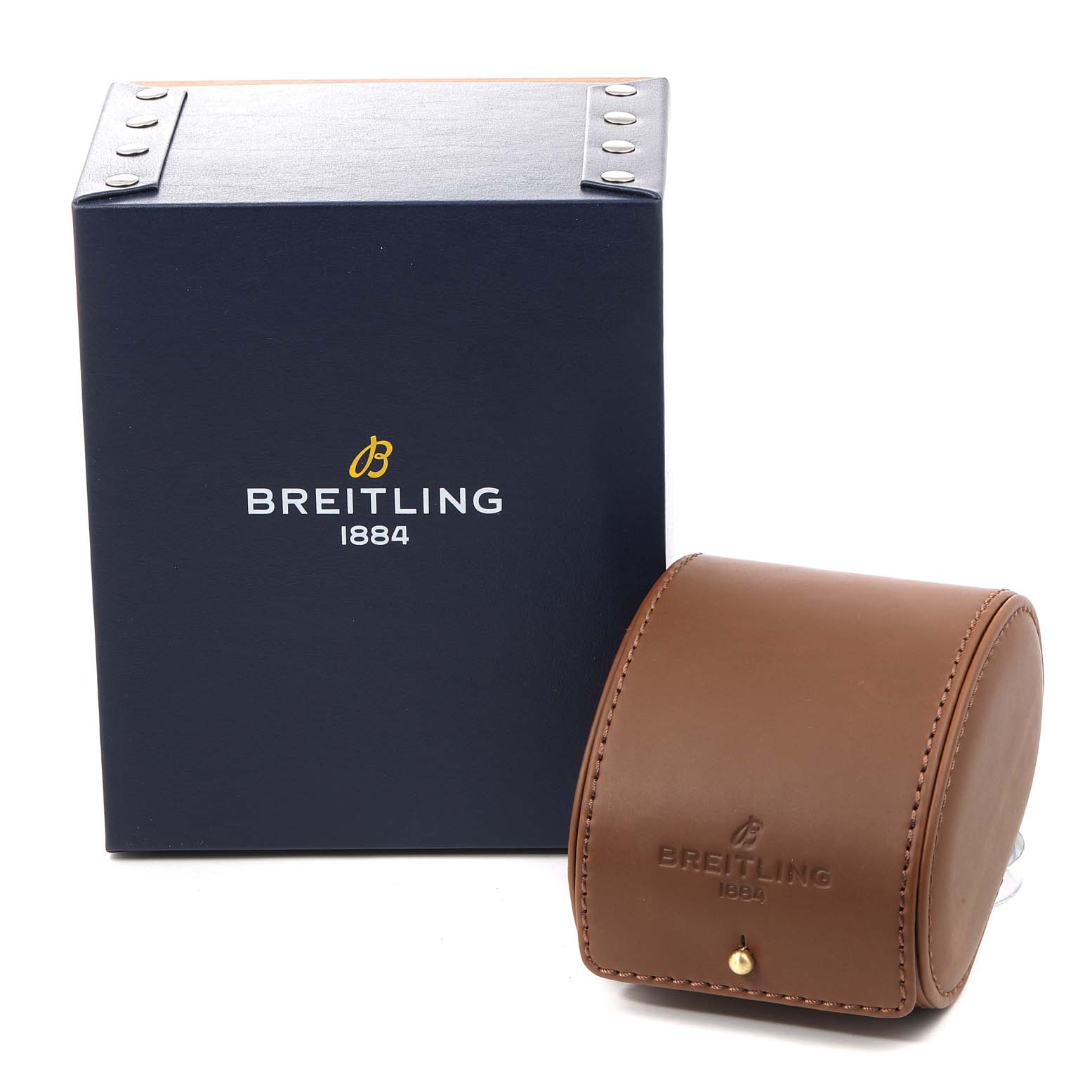 The image shows a Breitling Chronomat AB0141 Men's Stainless Steel Silver Dial AB0141 Men's Stainless Steel Silver Dial box and a separate brown leather watch case, both with the brand's logo and "1884" inscription.