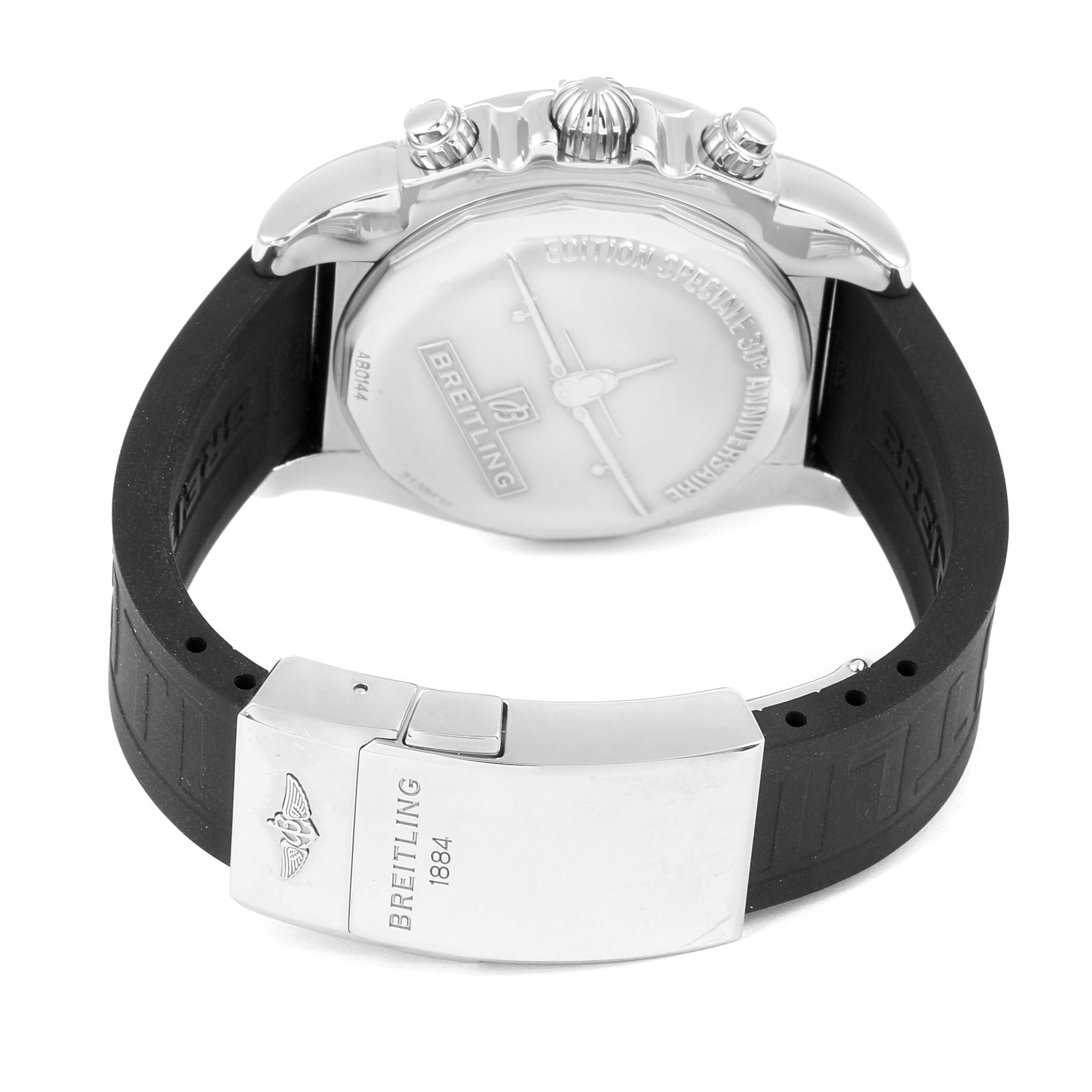 This image shows the back view of a Breitling Chronomat AB0141 Men's Stainless Steel Silver Dial AB0141 Men's Stainless Steel Silver Dial watch featuring its case back, crown, pushers, and rubber strap.
