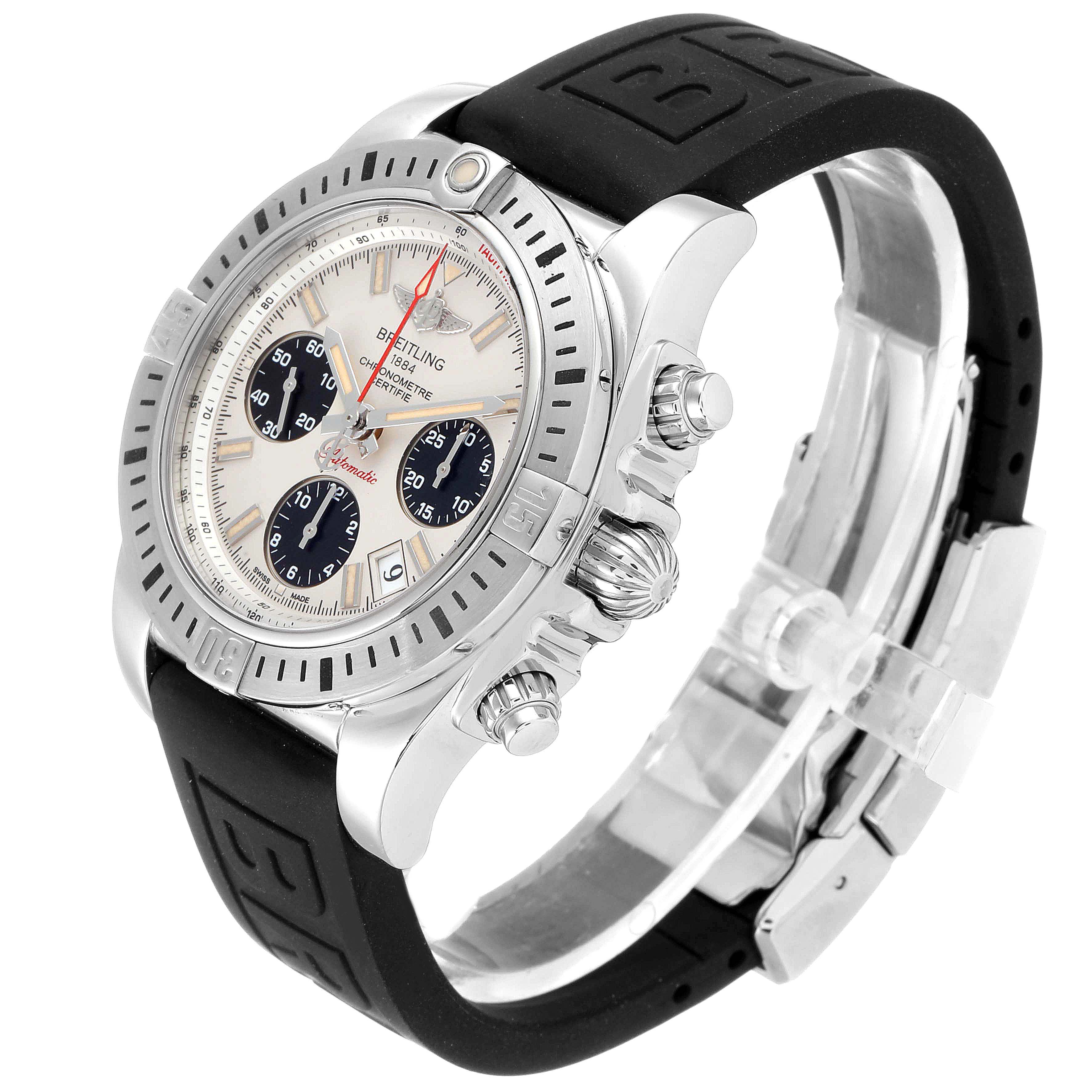 This image shows a Breitling Chronomat AB0141 Men's Stainless Steel Silver Dial AB0141 Men's Stainless Steel Silver Dial watch at a three-quarter angle, highlighting the dial, bezel, and rubber strap.