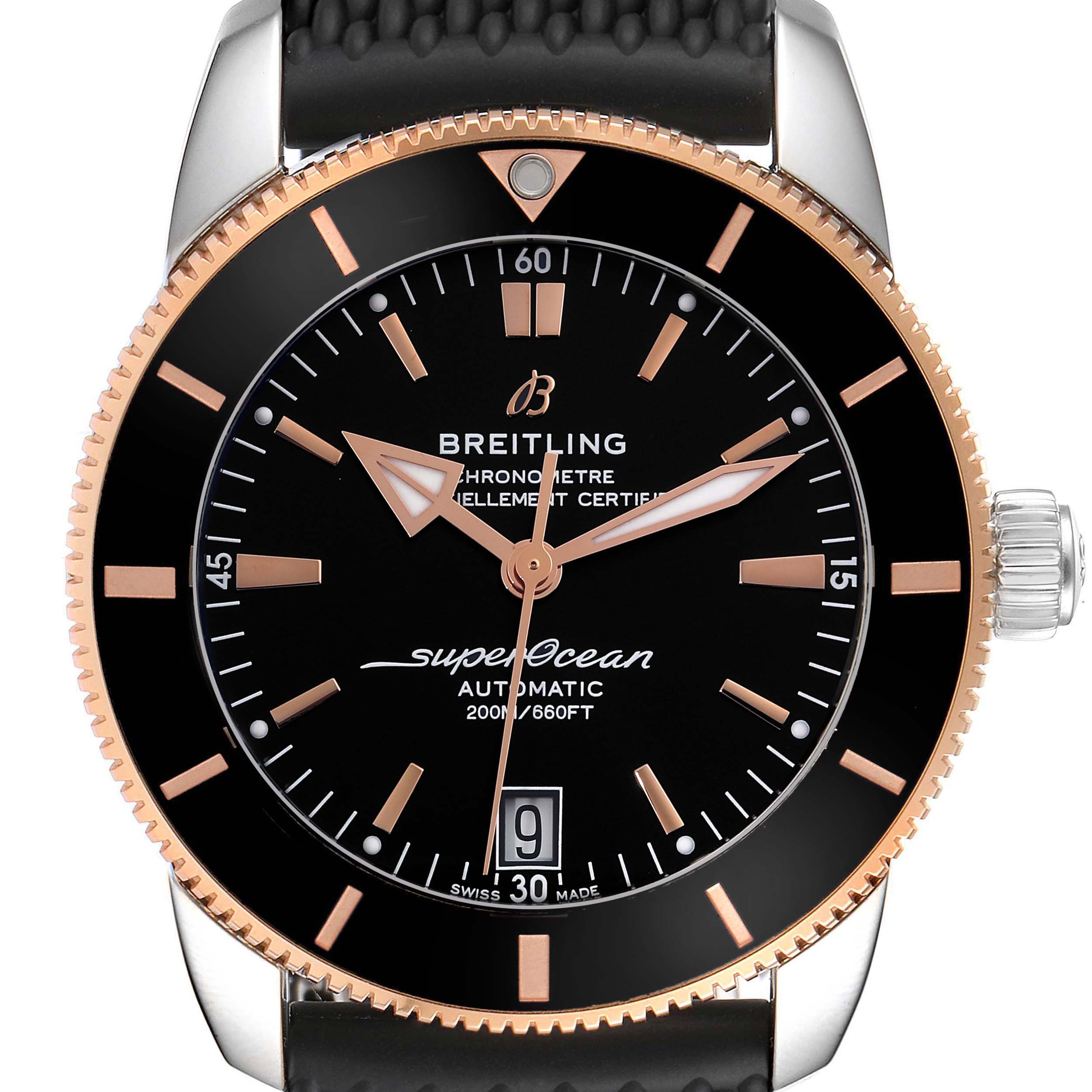 The image shows a front view of the Breitling Superocean UB2010 Men's Steel and Gold (two tone) Black Dial UB2010 Men's Steel and Gold (two tone) Black Dial watch, featuring the dial, bezel, and crown.