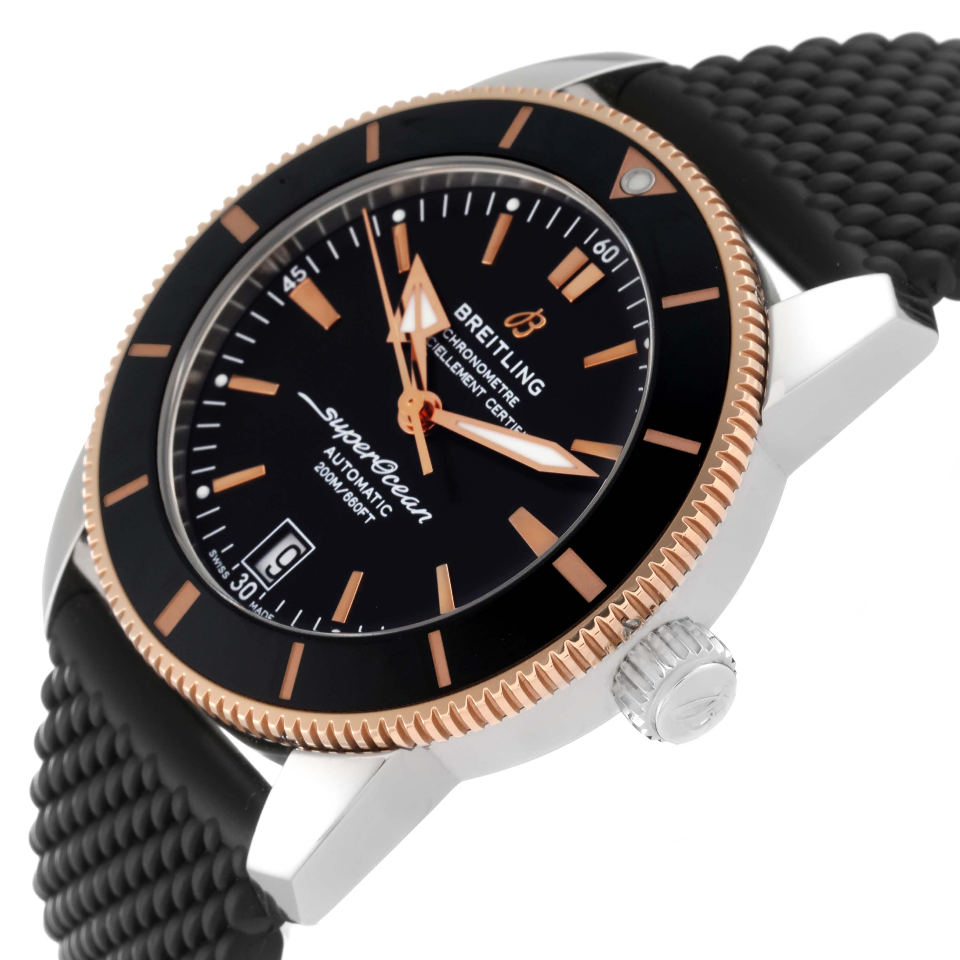 The image shows a close-up of the Breitling Superocean UB2010 Men's Steel and Gold (two tone) Black Dial UB2010 Men's Steel and Gold (two tone) Black Dial watch, highlighting the face, bezel, crown, and part of the strap.