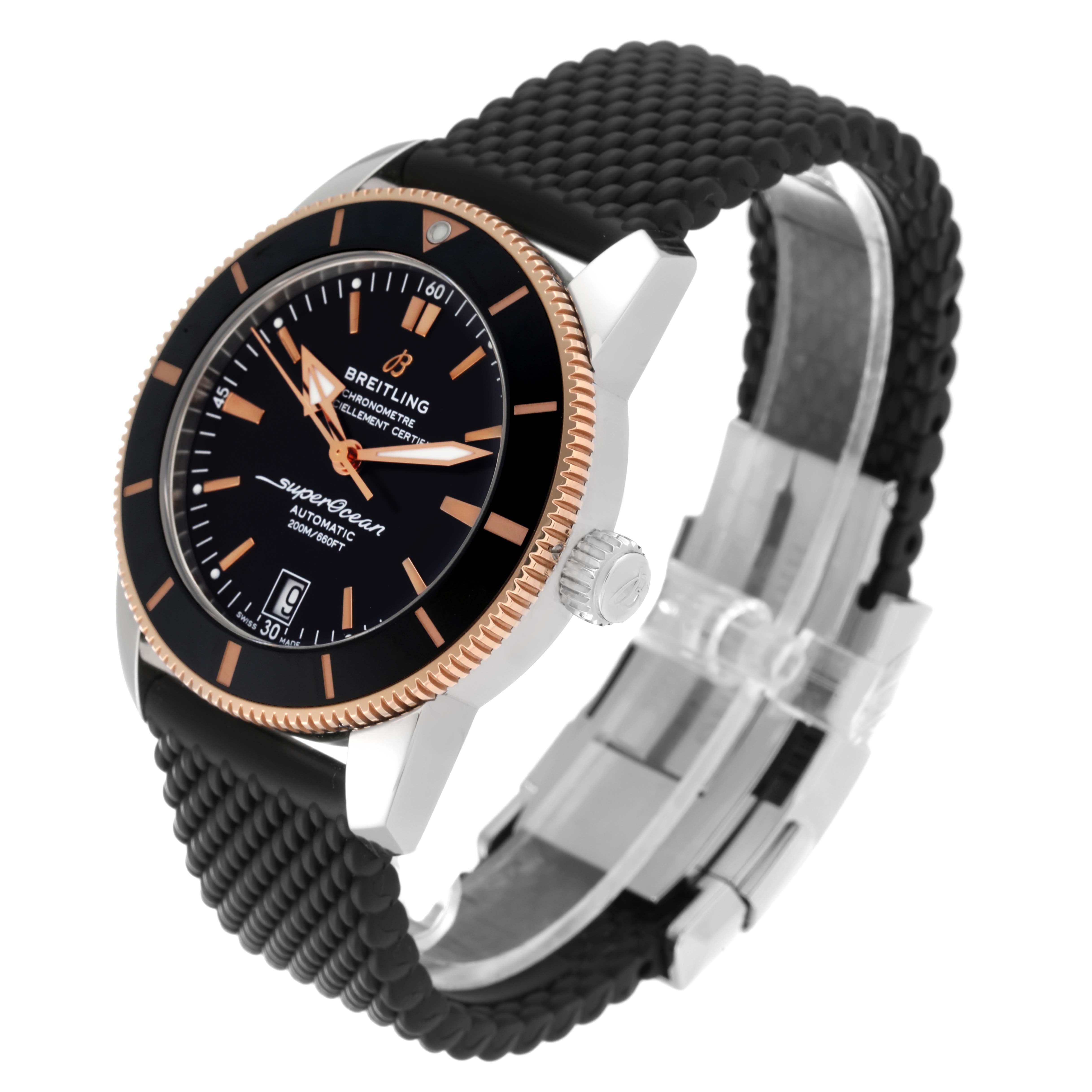 The Breitling Superocean UB2010 Men's Steel and Gold (two tone) Black Dial UB2010 Men's Steel and Gold (two tone) Black Dial watch is shown at a front-left angle, highlighting the dial, bezel, and strap.