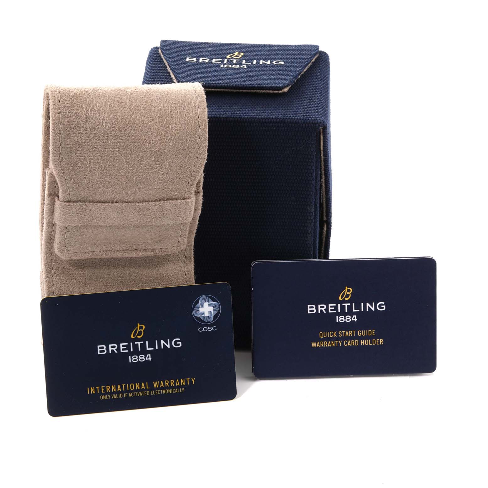 The image shows accessories for the Breitling Superocean UB2010 Men's Steel and Gold (two tone) Black Dial UB2010 Men's Steel and Gold (two tone) Black Dial, including a carrying pouch, a box, a warranty card, and a quick start guide.