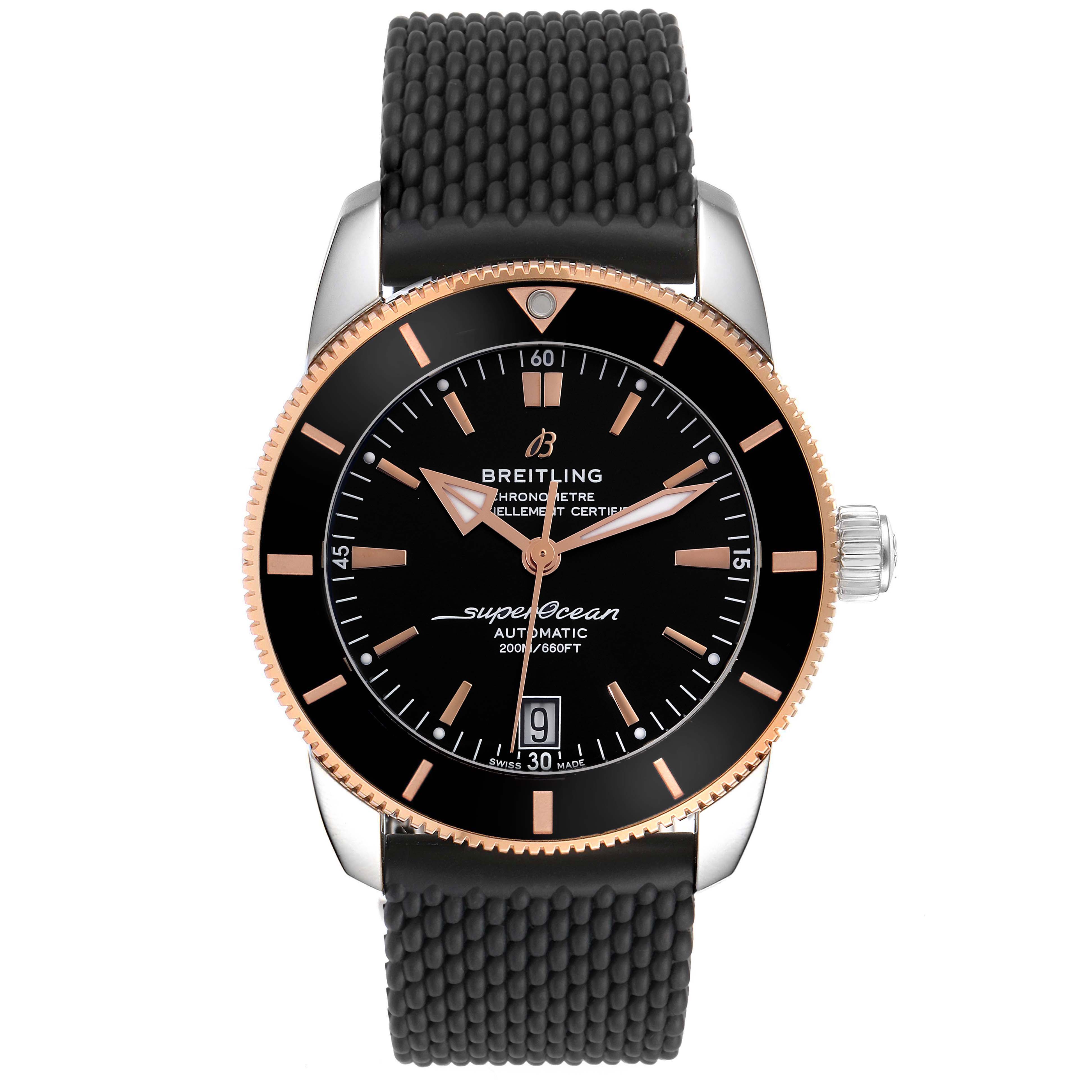 This image shows a front view of the Breitling Superocean UB2010 Men's Steel and Gold (two tone) Black Dial UB2010 Men's Steel and Gold (two tone) Black Dial Automatic watch, displaying its face, bezel, and rubber strap.