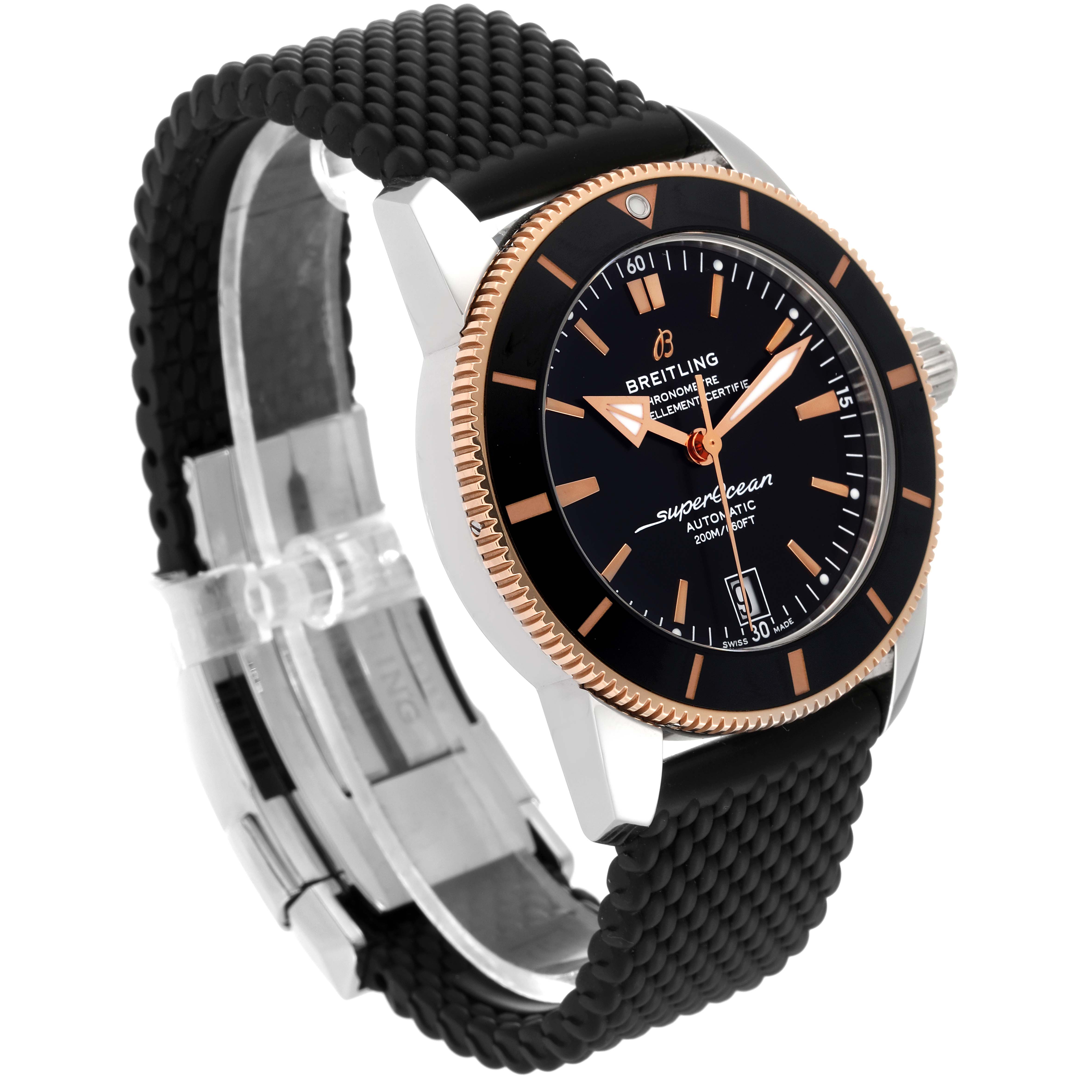 This image shows a three-quarter side view of a Breitling Superocean UB2010 Men's Steel and Gold (two tone) Black Dial UB2010 Men's Steel and Gold (two tone) Black Dial watch, highlighting its dial, bezel, and textured strap.