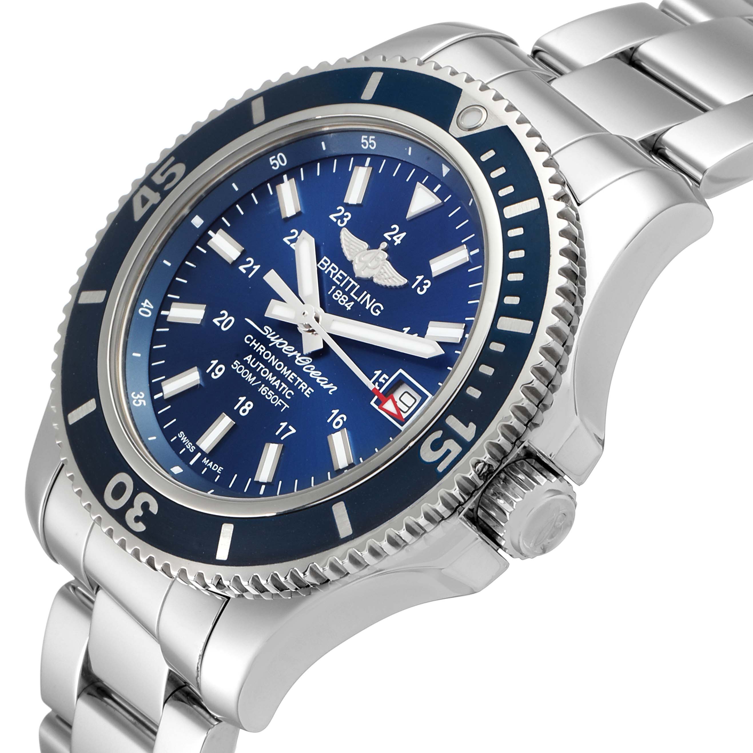 The image shows a side angle view of the Breitling Superocean A17365 Men's Stainless Steel Blue Dial A17365 Men's Stainless Steel Blue Dial watch, featuring its bezel, dial, and a portion of the bracelet.