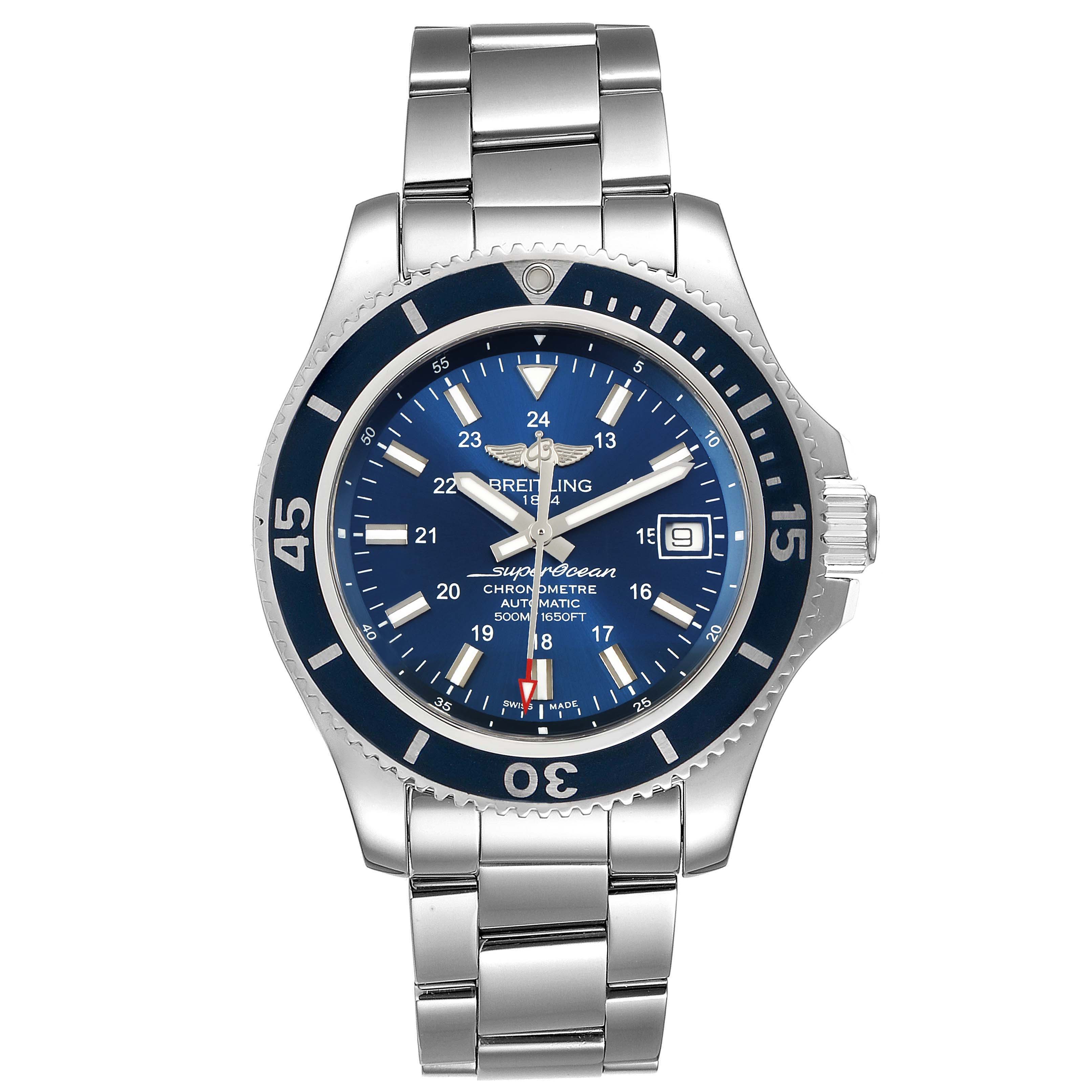The image shows a front view of a Breitling Superocean A17365 Men's Stainless Steel Blue Dial A17365 Men's Stainless Steel Blue Dial watch, highlighting its blue dial, bezel, and stainless steel bracelet.