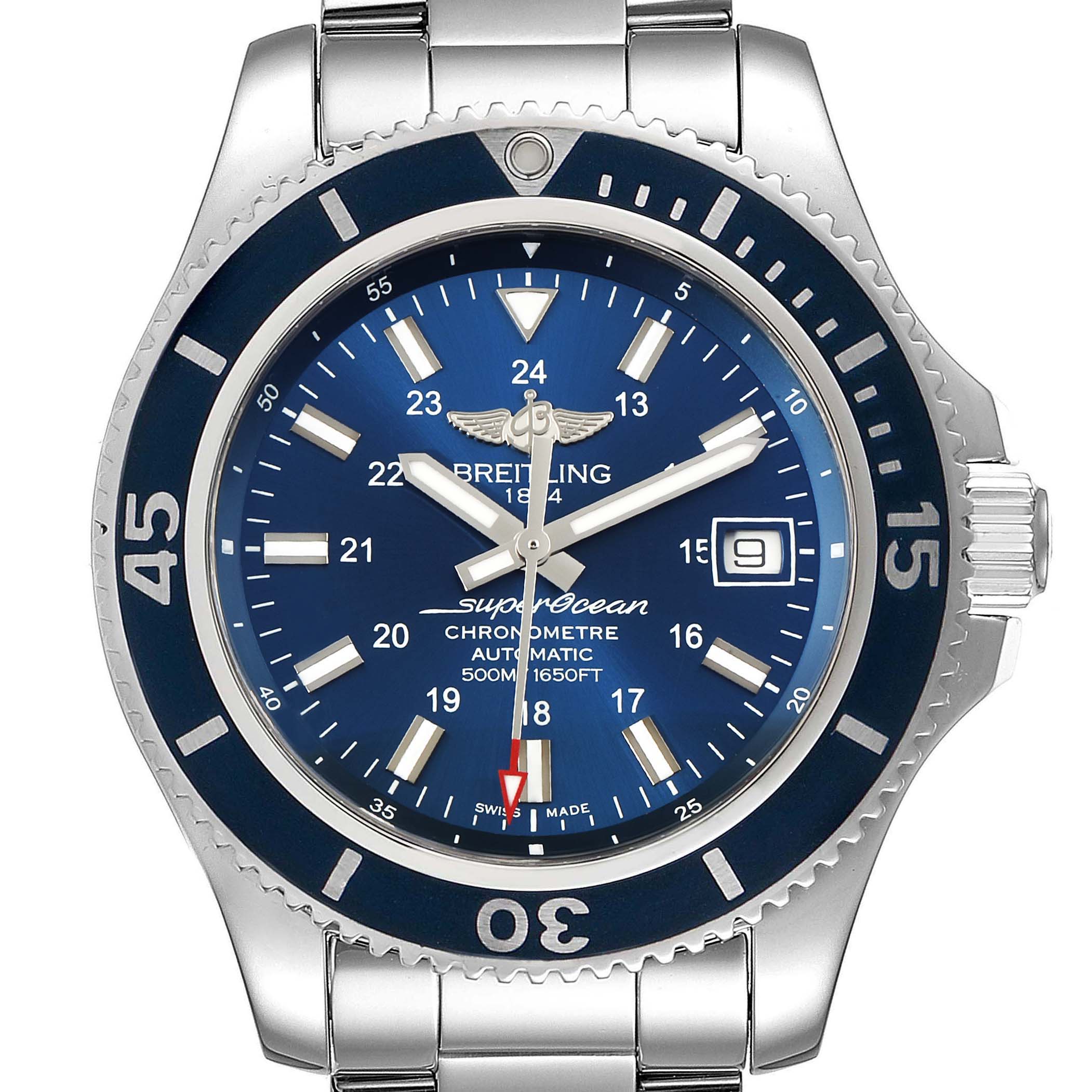 The Breitling Superocean A17365 Men's Stainless Steel Blue Dial A17365 Men's Stainless Steel Blue Dial watch is shown from the front, displaying its dial, bezel, crown, and part of the bracelet.
