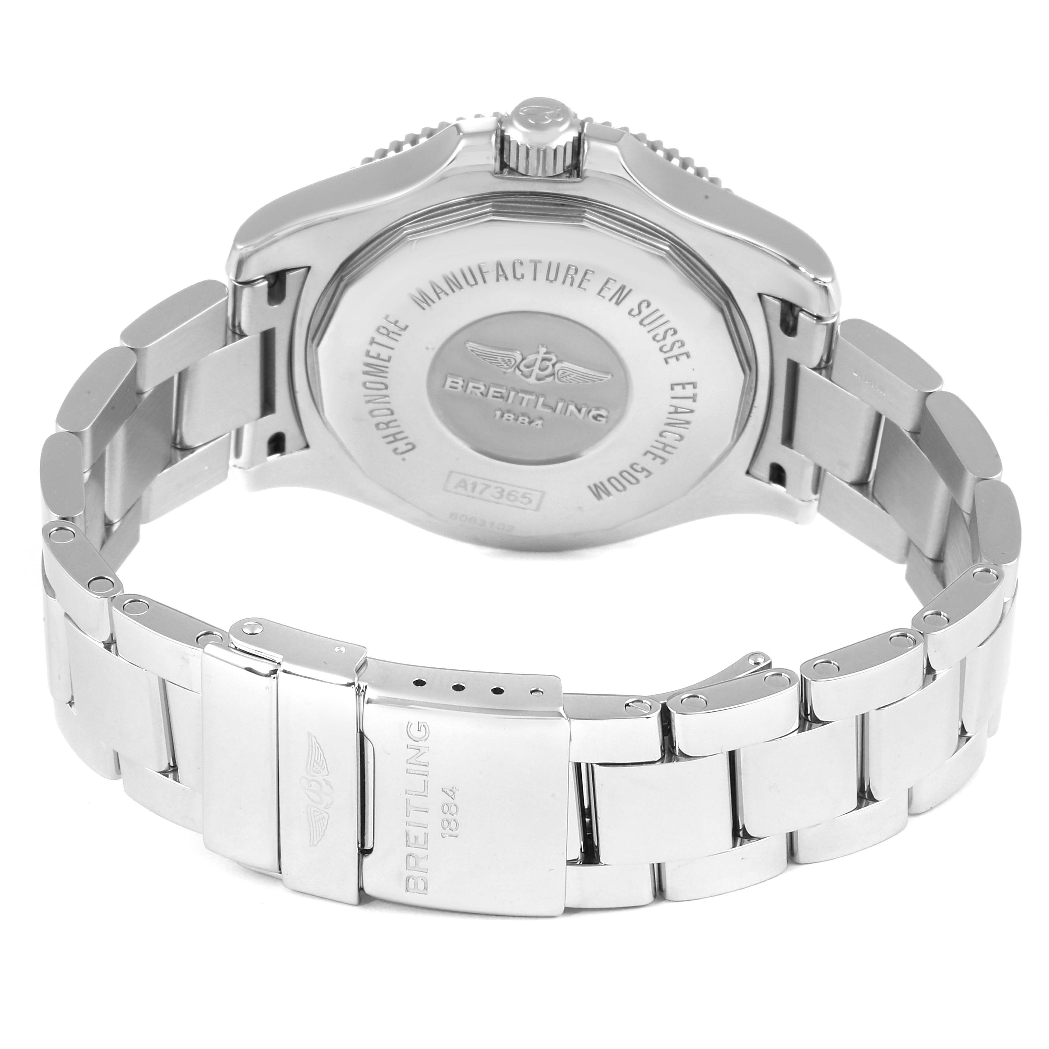 The image shows the back case and stainless steel bracelet of the Breitling Superocean A17365 Men's Stainless Steel Blue Dial A17365 Men's Stainless Steel Blue Dial watch from a rear angle.