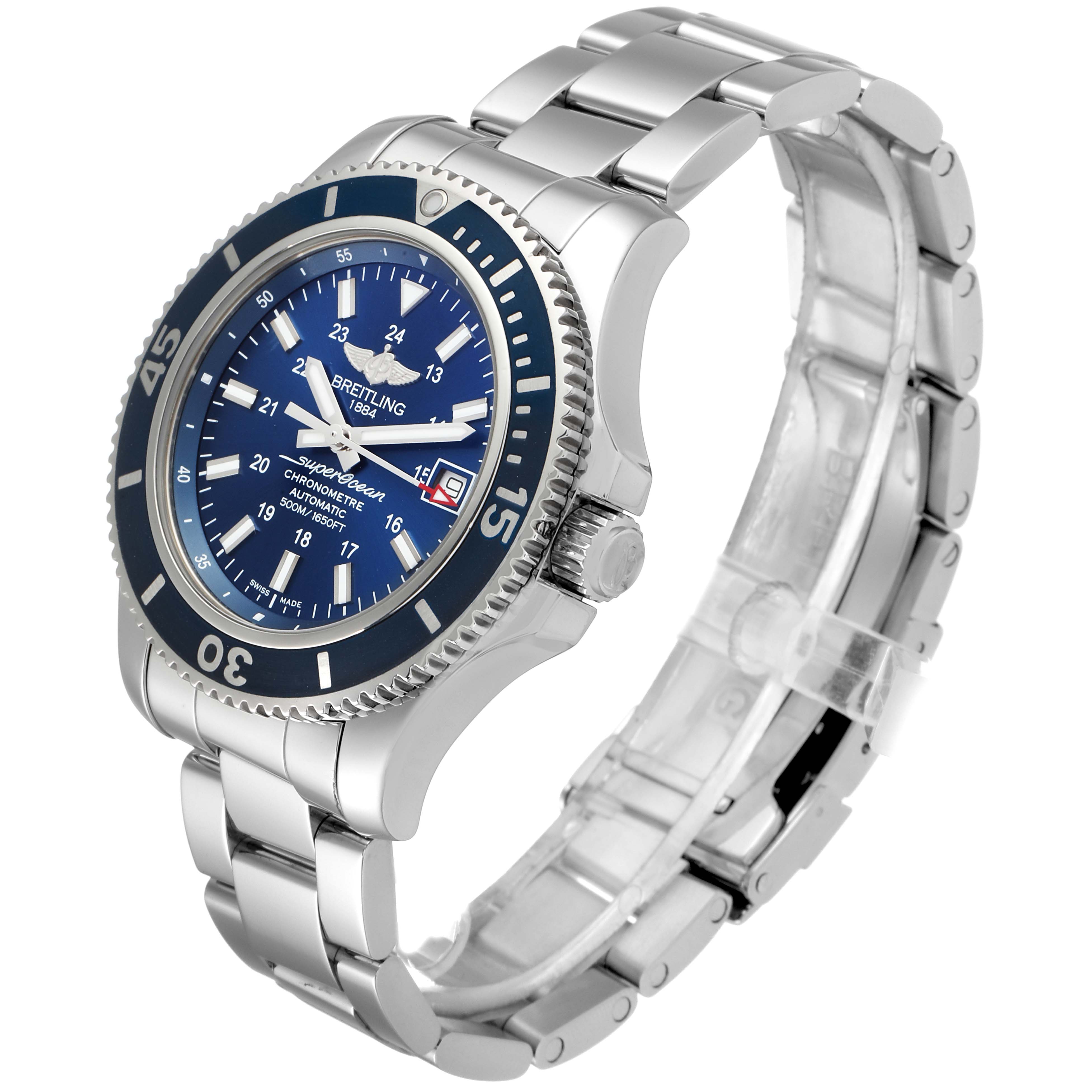The Breitling Superocean A17365 Men's Stainless Steel Blue Dial A17365 Men's Stainless Steel Blue Dial watch is shown at an angle that highlights its face, bezel, crown, and stainless steel bracelet.