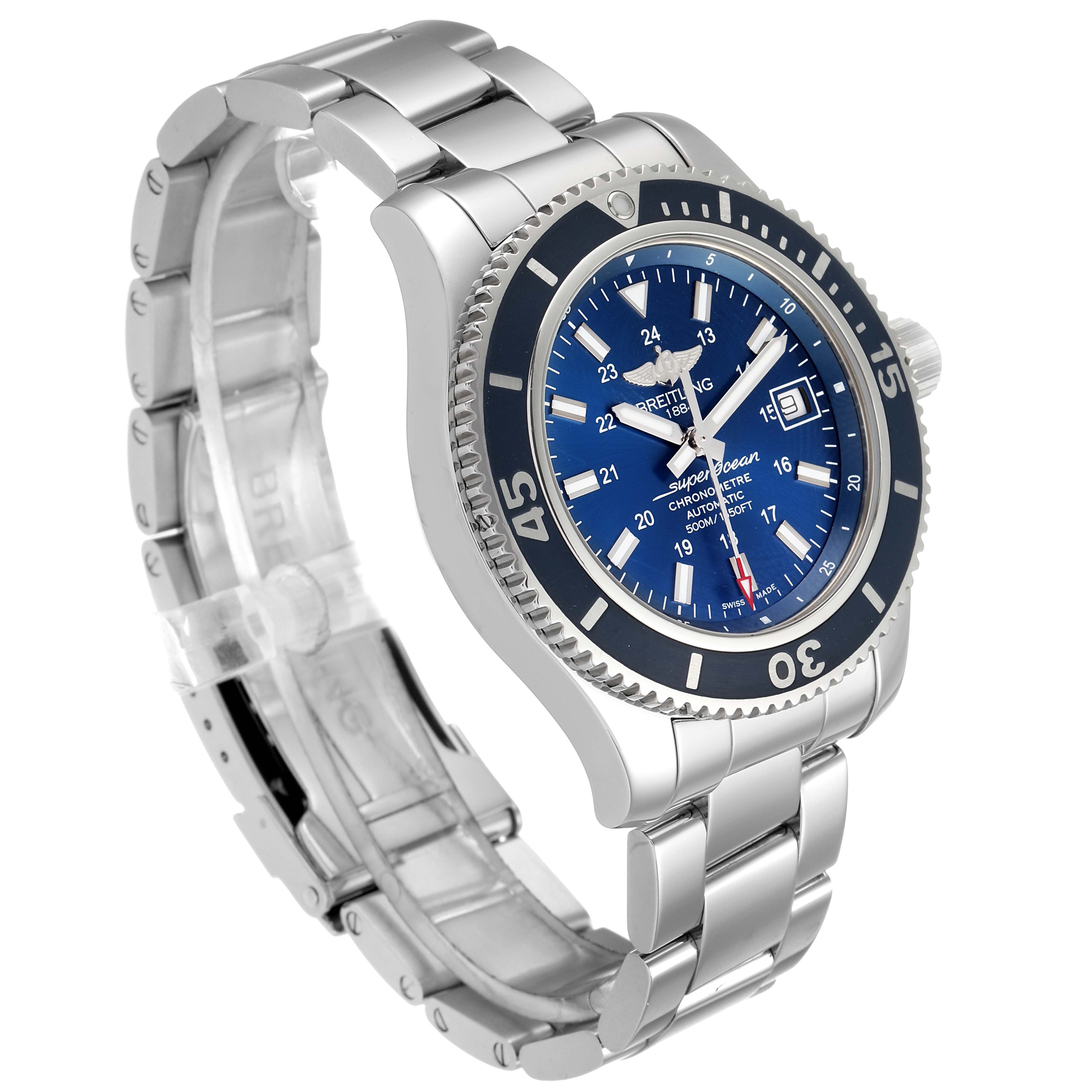 The image shows a side angle of the Breitling Superocean A17365 Men's Stainless Steel Blue Dial A17365 Men's Stainless Steel Blue Dial watch, displaying its face, bezel, crown, and bracelet.