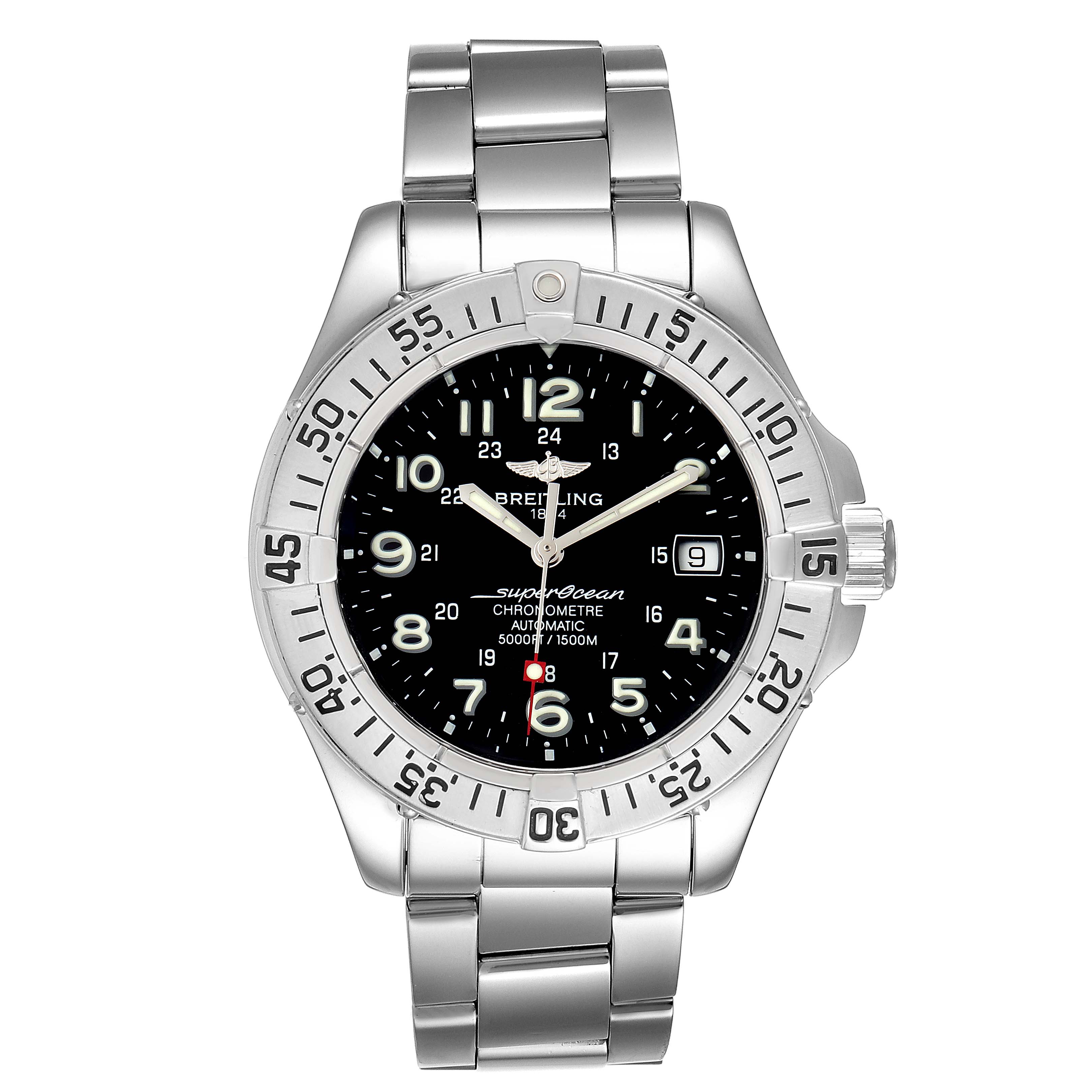 The image shows a Breitling Superocean A17360 Men's Stainless Steel Black Dial A17360 Men's Stainless Steel Black Dial watch, front view, featuring a metal bracelet, black dial, and date display.