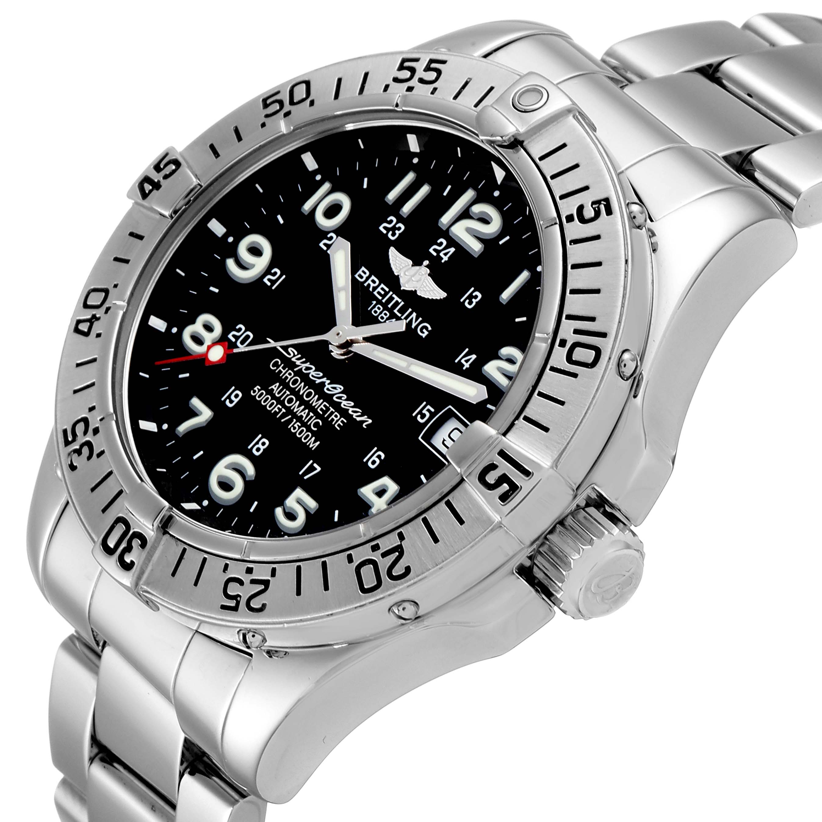 The image shows a Breitling Superocean A17360 Men's Stainless Steel Black Dial A17360 Men's Stainless Steel Black Dial model watch at a slight angle, highlighting the dial, bezel, crown, and part of the metal bracelet.