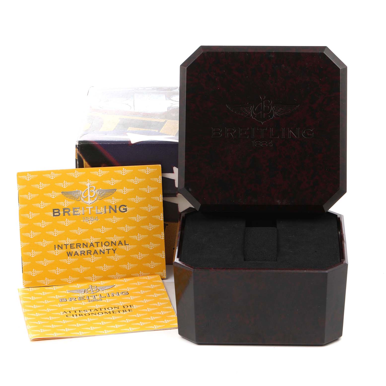 The image shows the Breitling Superocean A17360 Men's Stainless Steel Black Dial A17360 Men's Stainless Steel Black Dial watch box, an outer box, an international warranty card, and a chronometer certificate.