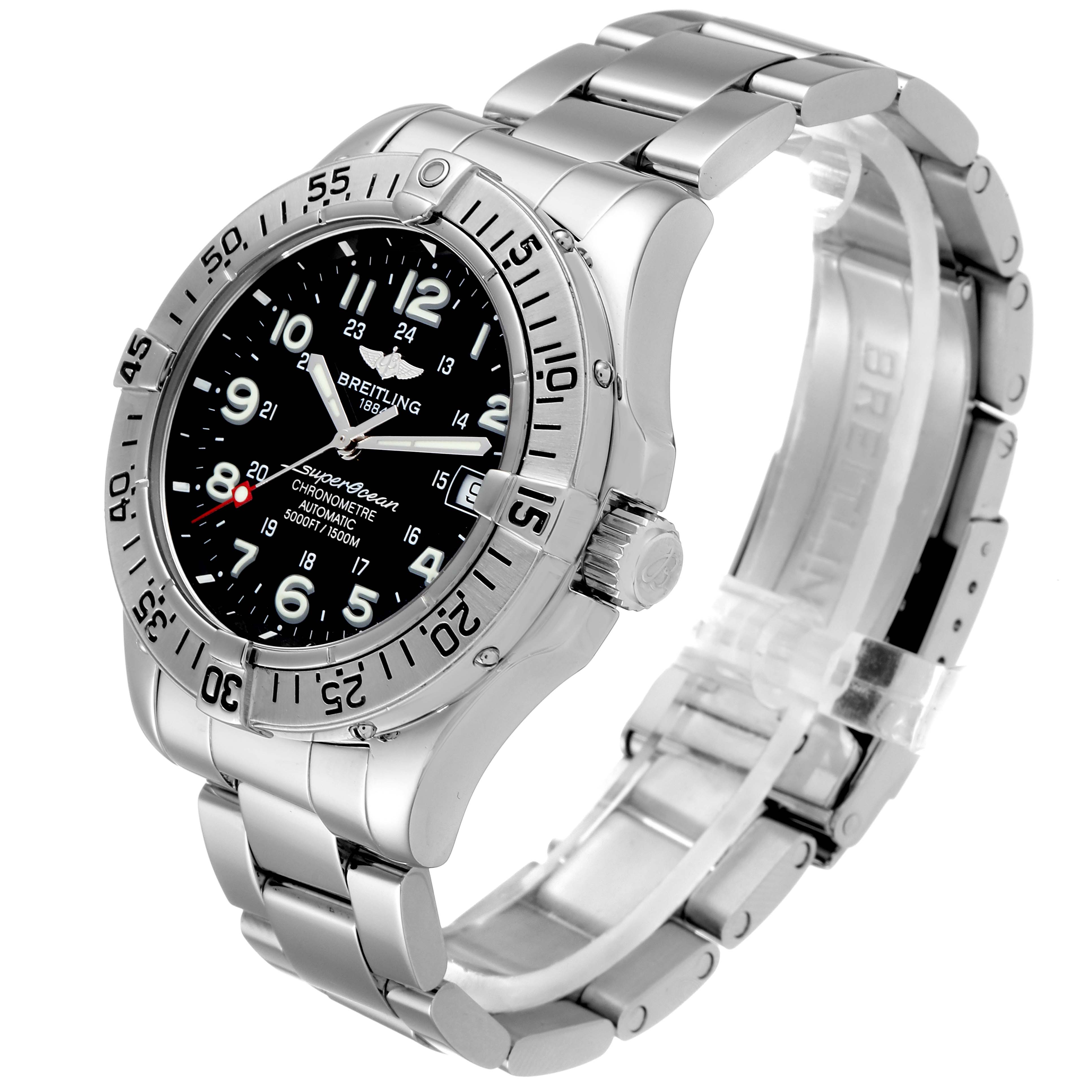 The image shows a side-front angle of the Breitling Superocean A17360 Men's Stainless Steel Black Dial A17360 Men's Stainless Steel Black Dial watch, highlighting the bezel, dial, and metal bracelet.