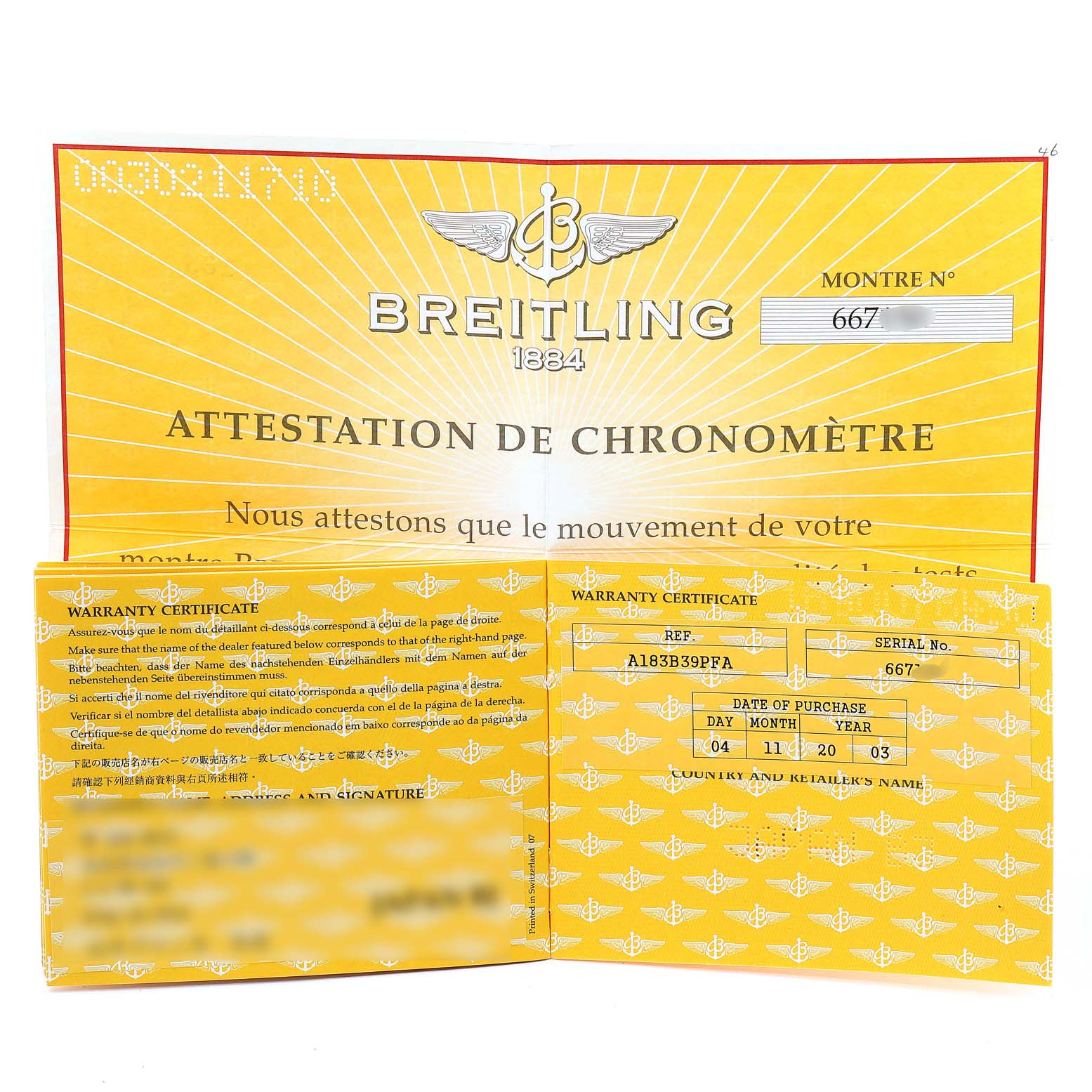 The image displays the warranty certificate and chronometer attestation for a Breitling Superocean A17360 Men's Stainless Steel Black Dial A17360 Men's Stainless Steel Black Dial watch.