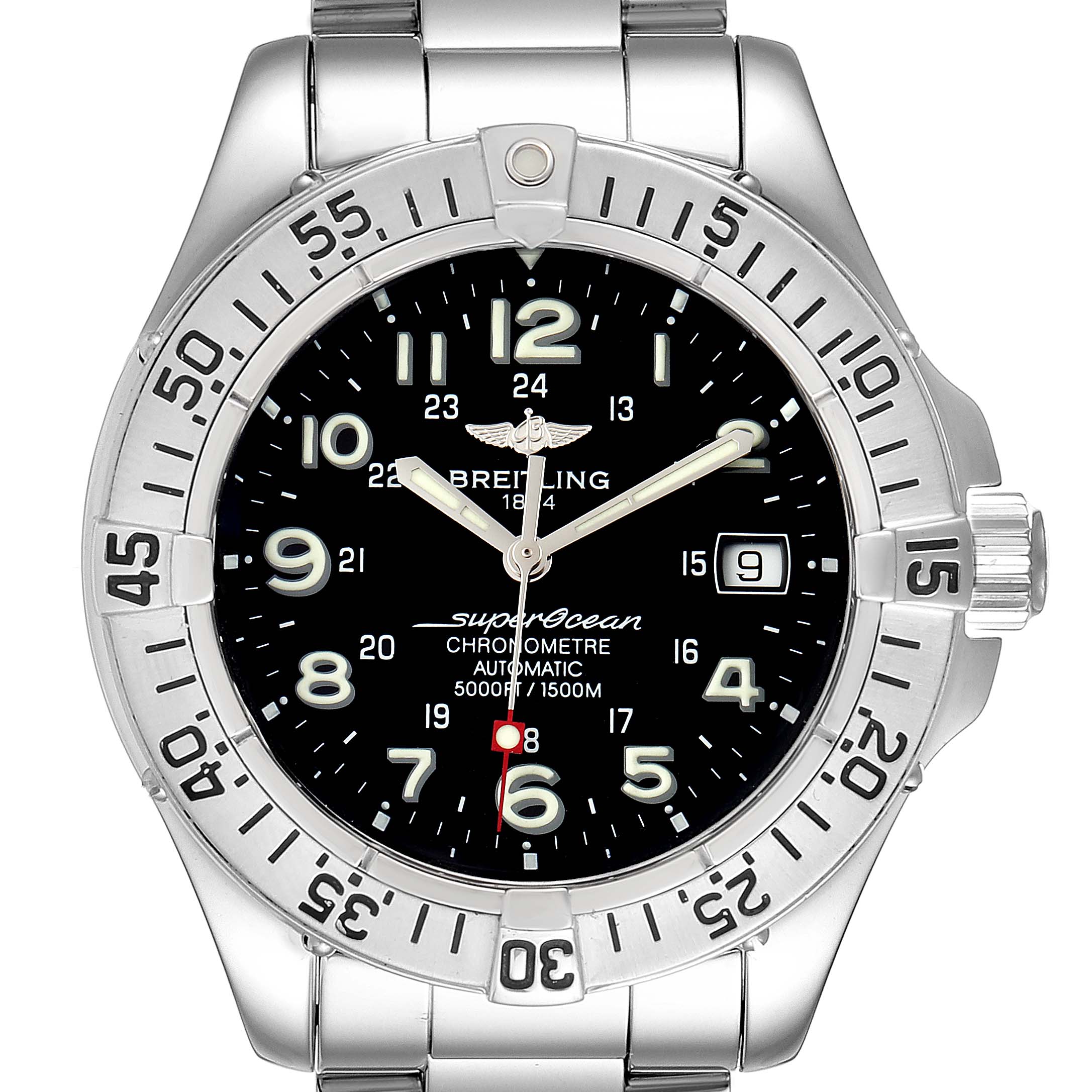 This image shows the Breitling Superocean A17360 Men's Stainless Steel Black Dial A17360 Men's Stainless Steel Black Dial watch from a front angle displaying its dial, bezel, and part of the bracelet.