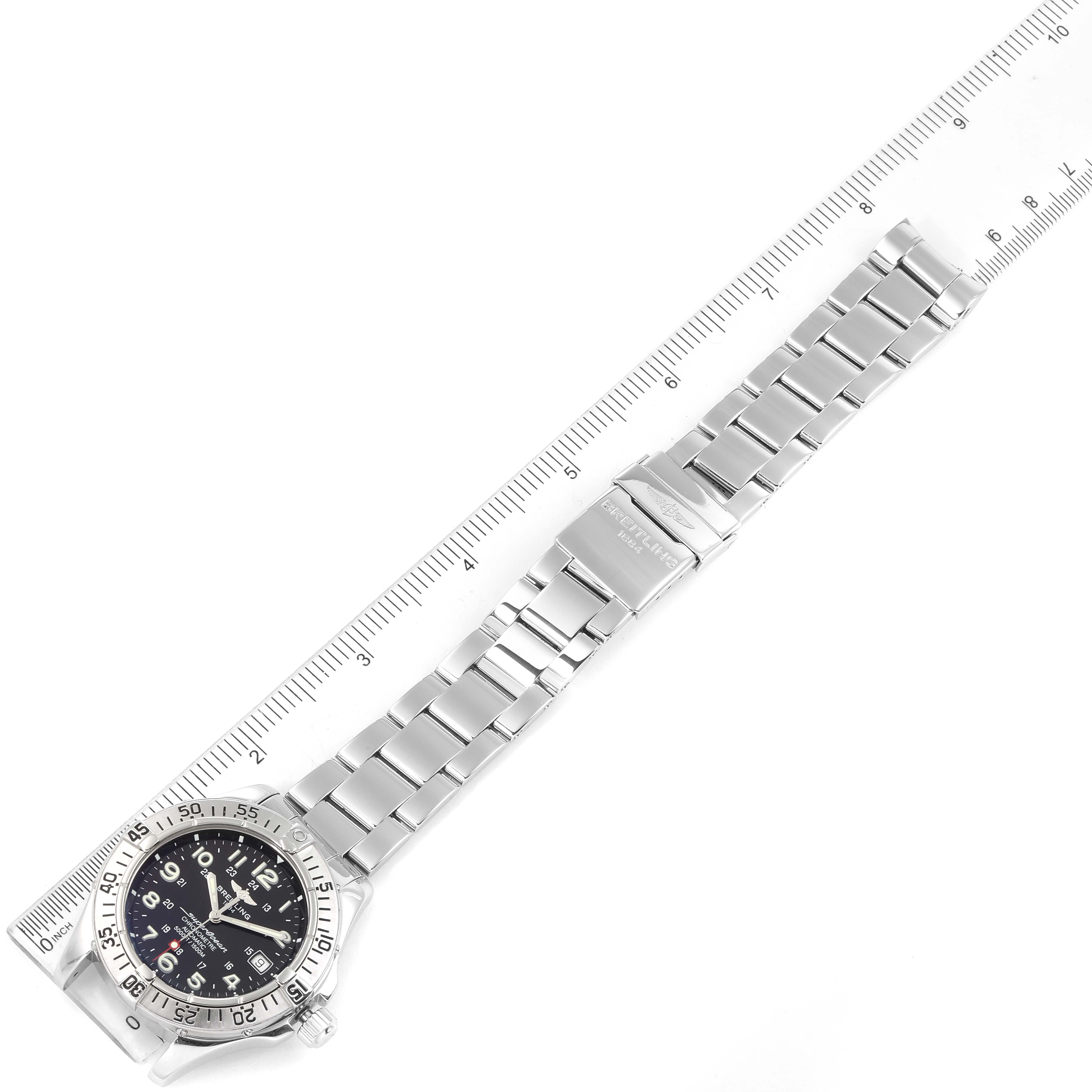 The image shows a top-down view of the Breitling Superocean A17360 Men's Stainless Steel Black Dial A17360 Men's Stainless Steel Black Dial watch with its full metal bracelet and clasp.