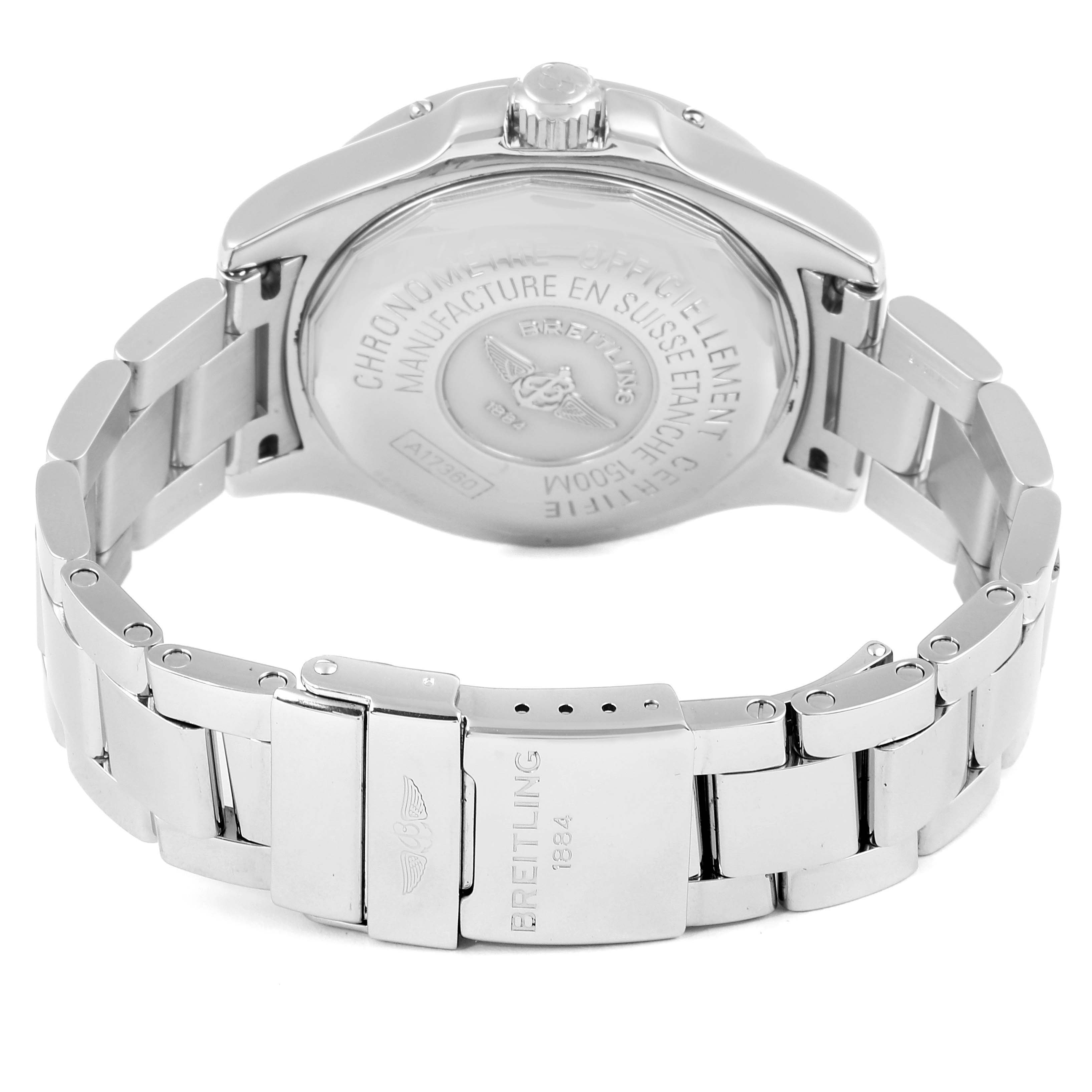 The image shows the backside of the case and stainless steel bracelet of a Breitling Superocean A17360 Men's Stainless Steel Black Dial A17360 Men's Stainless Steel Black Dial watch.