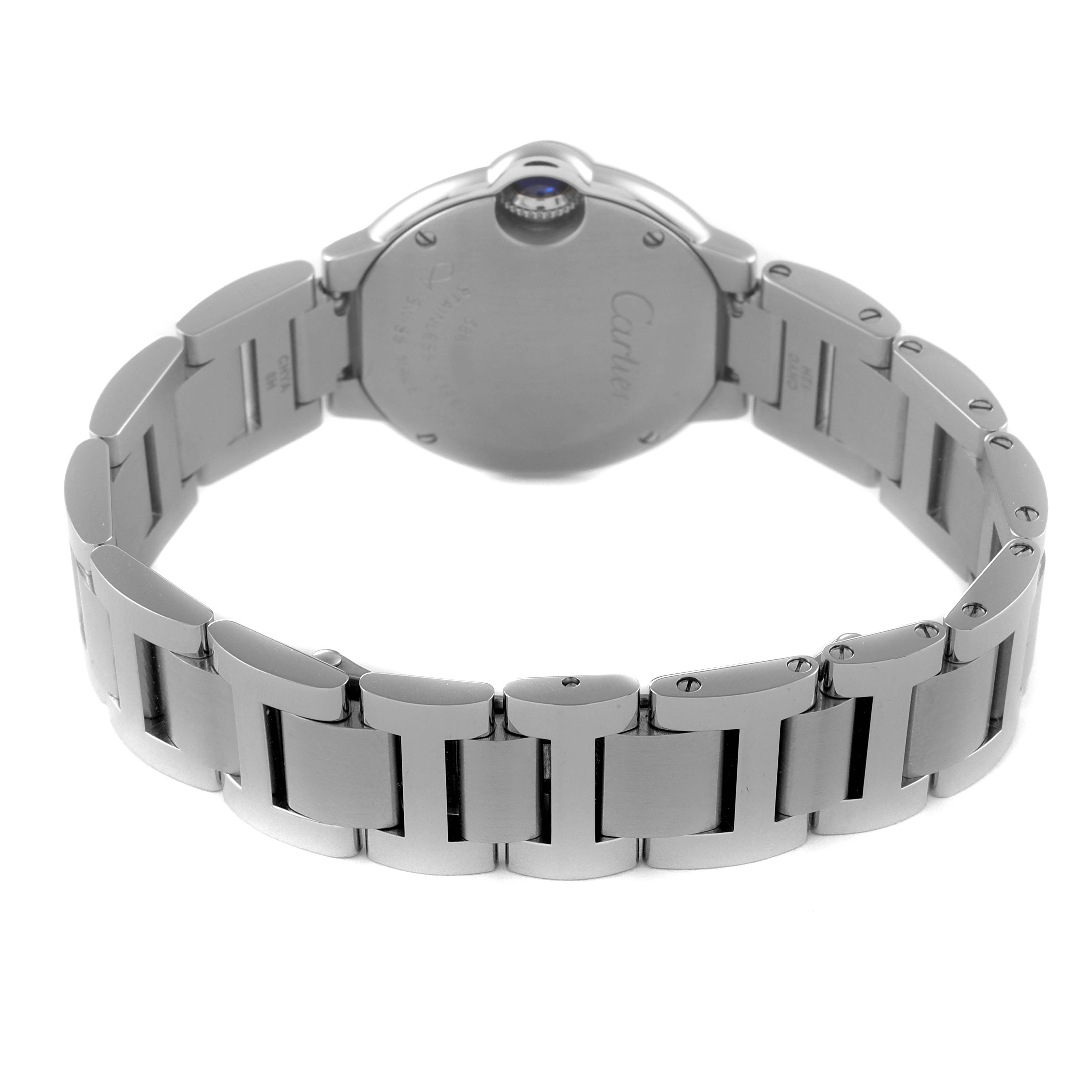The image shows the back and bracelet of a Cartier Ballon Bleu W4BB0015 Women
s Stainless Steel Silver Dial W4BB0015 Women
s Stainless Steel Silver Dial watch from a rear view angle.