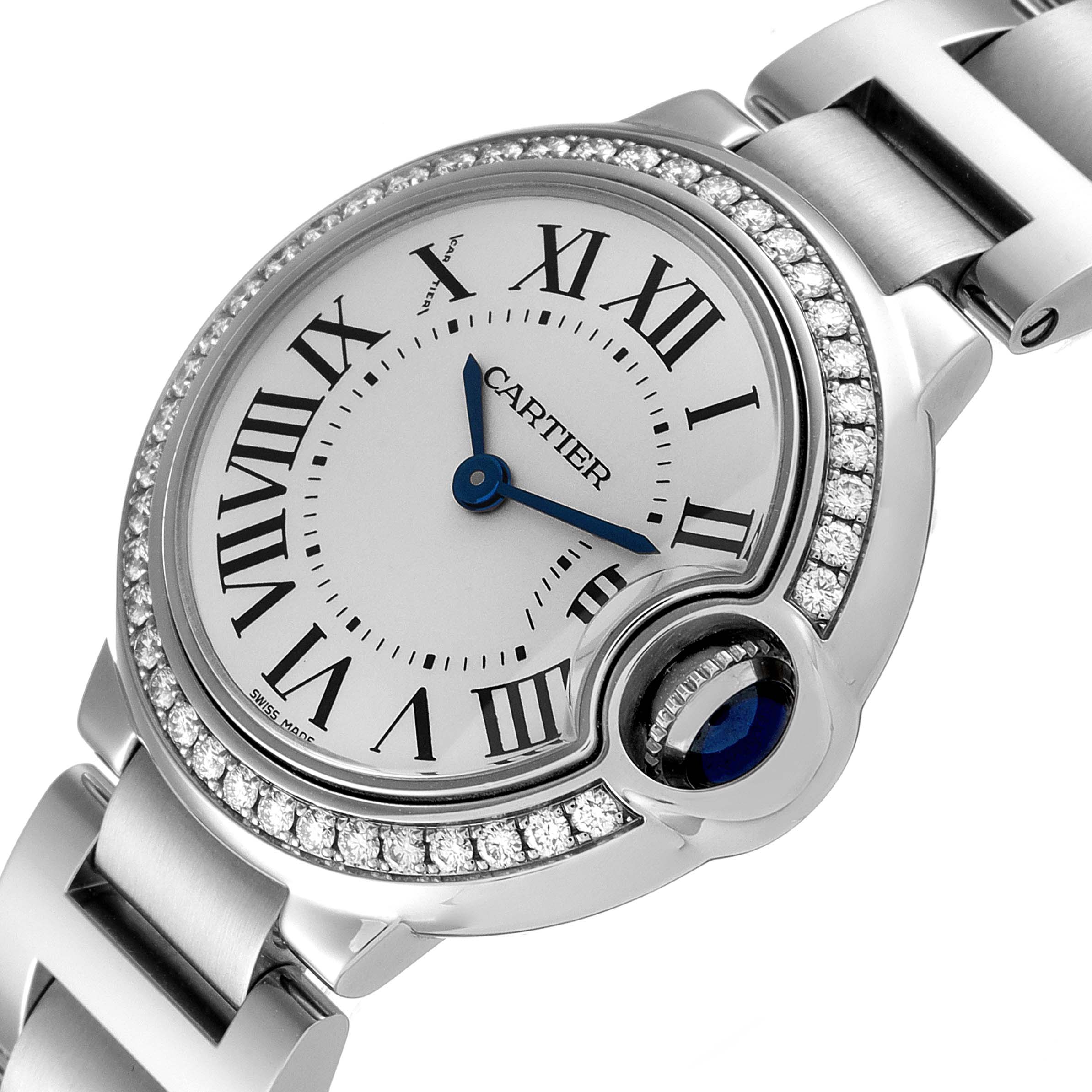 The image shows a close-up angle of a Cartier Ballon Bleu W4BB0015 Women
s Stainless Steel Silver Dial W4BB0015 Women
s Stainless Steel Silver Dial watch, highlighting the dial, diamond bezel, and part of the bracelet.
