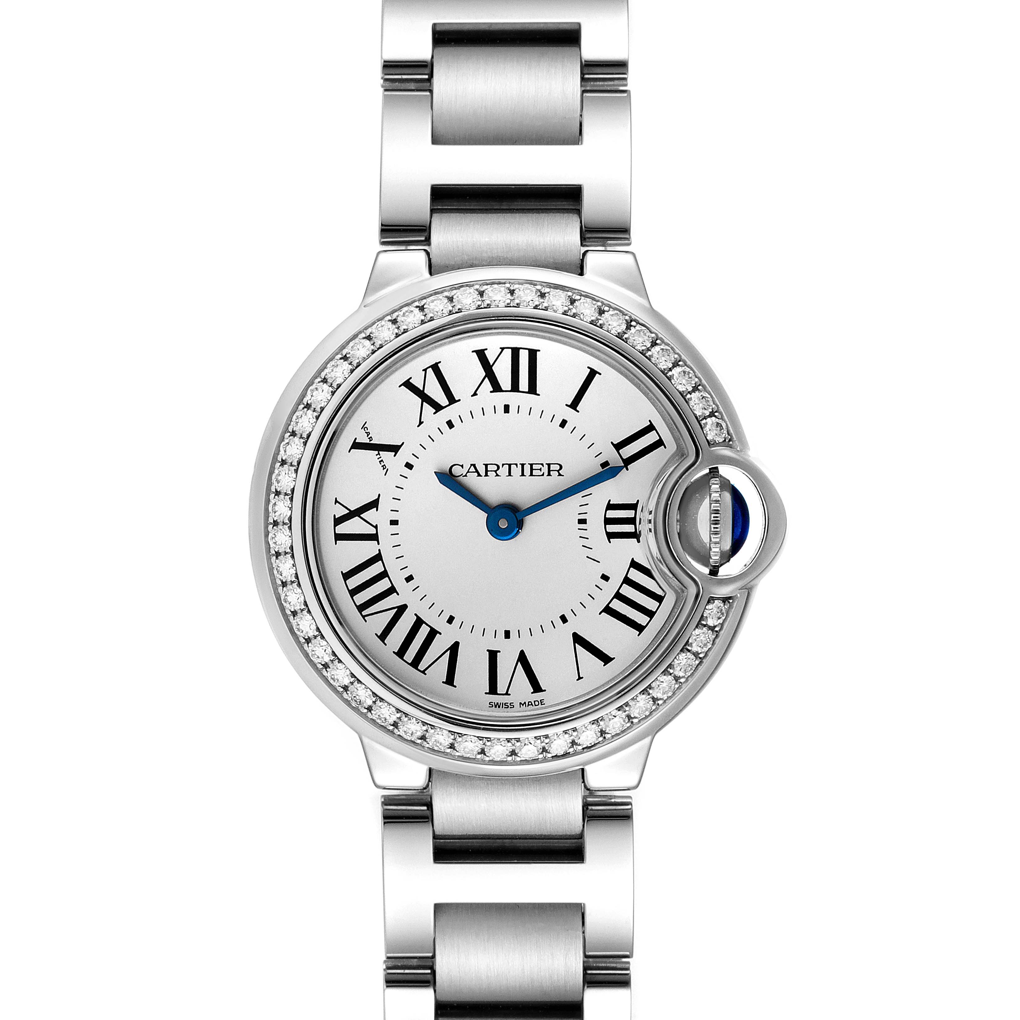 The image shows a front view of the Cartier Ballon Bleu W4BB0015 Women
s Stainless Steel Silver Dial W4BB0015 Women
s Stainless Steel Silver Dial watch with its silver dial, Roman numerals, and metal bracelet.
