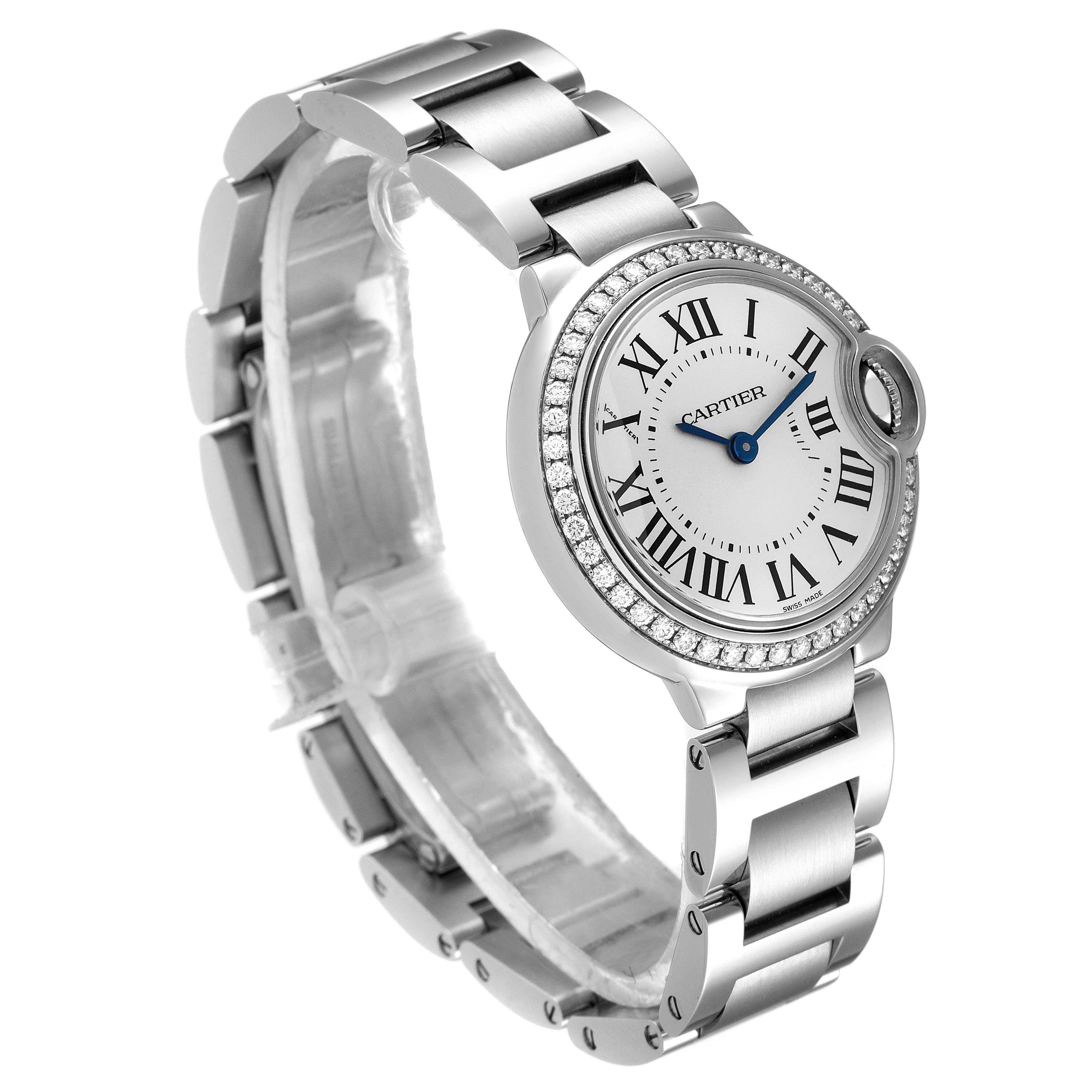 The image shows a Cartier Ballon Bleu W4BB0015 Women
s Stainless Steel Silver Dial W4BB0015 Women
s Stainless Steel Silver Dial watch from a front-left angle, highlighting the face, bezel, and metallic bracelet.
