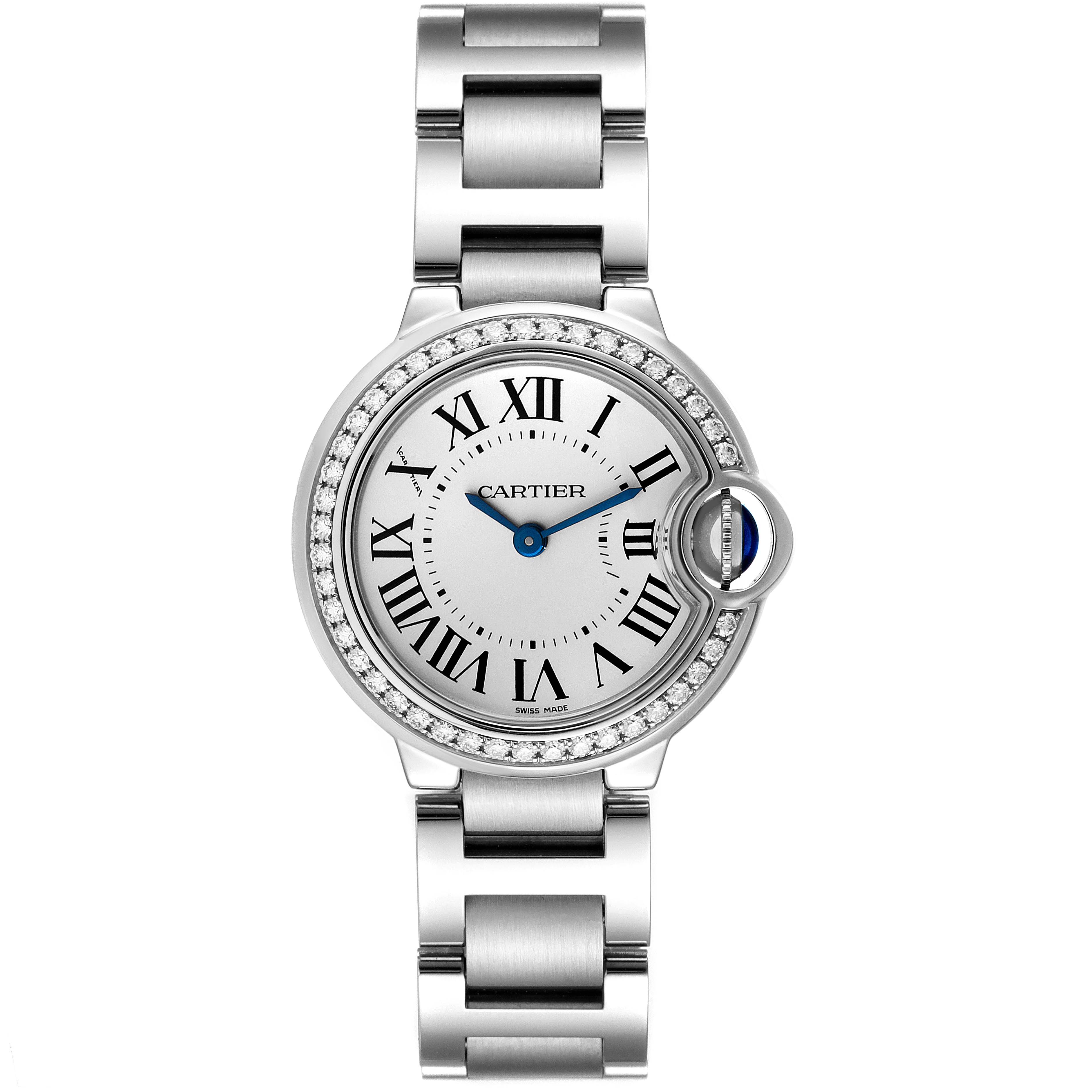 The image shows a Cartier Ballon Bleu W4BB0015 Women
s Stainless Steel Silver Dial W4BB0015 Women
s Stainless Steel Silver Dial watch from a top-down angle, featuring the dial, bezel, and bracelet.