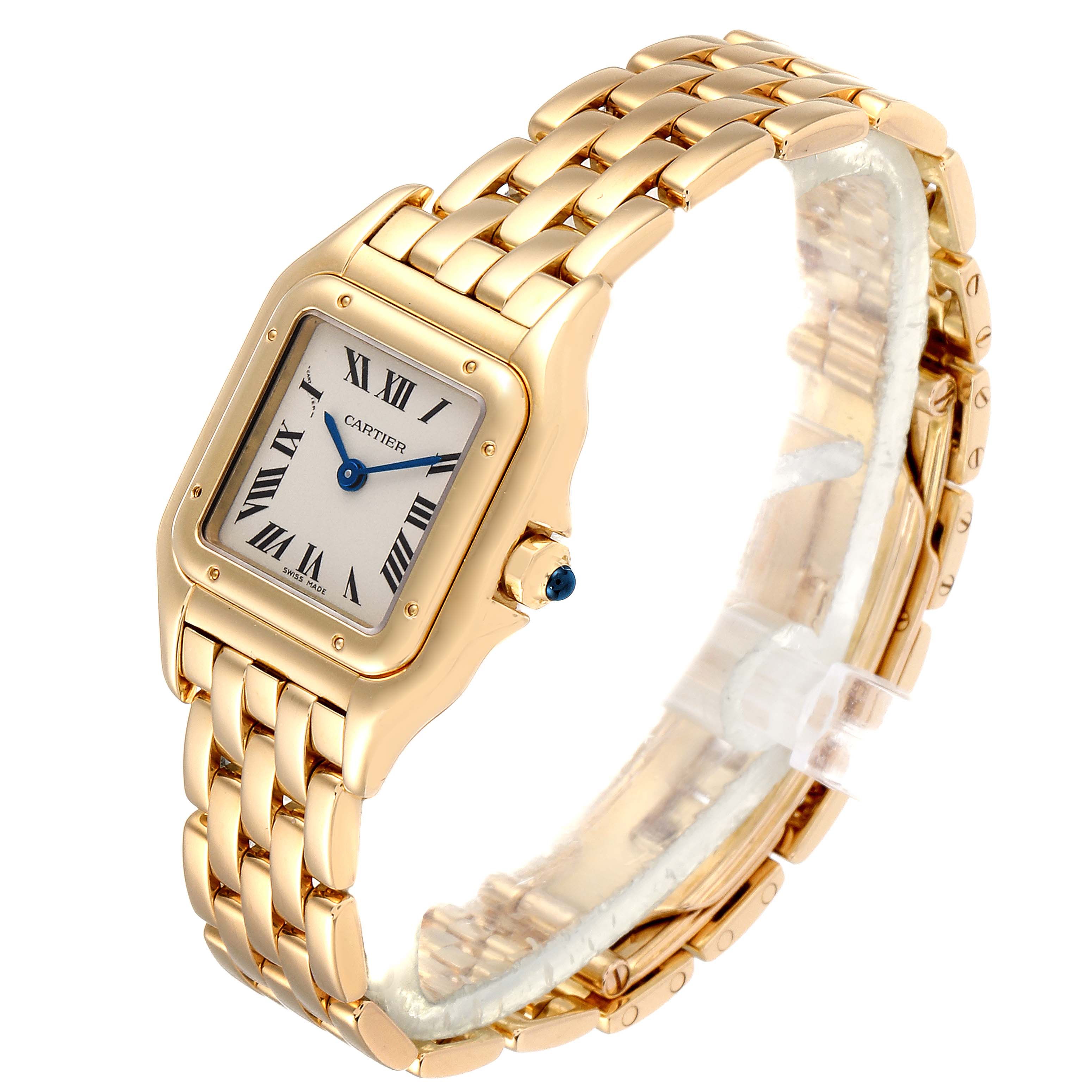The Cartier Panthère watch is shown at a slight angle, highlighting its gold case, bracelet, Roman numeral dial, and sapphire crown.