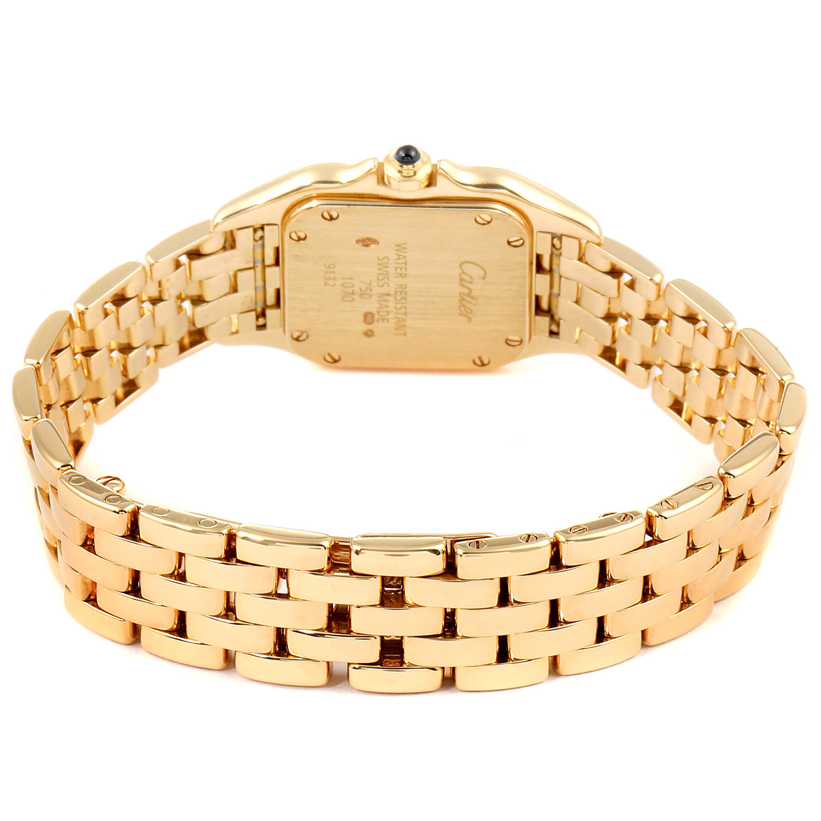 The image shows the backside and bracelet of a Cartier Panthere W25022B9 Women's Yellow Gold Silver Dial W25022B9 Women's Yellow Gold Silver Dial watch, highlighting the case back and gold link band.