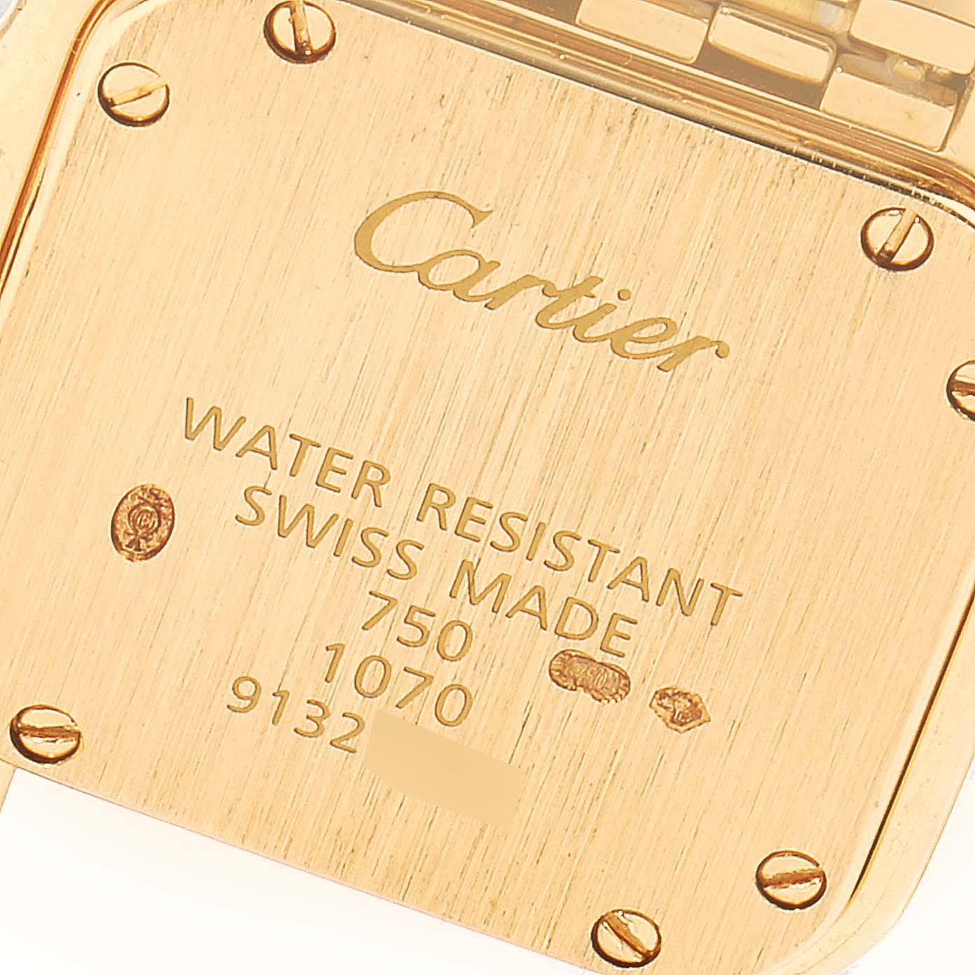The image shows the back case of a Cartier Panthere W25022B9 Women's Yellow Gold Silver Dial W25022B9 Women's Yellow Gold Silver Dial watch, highlighting its water resistance, Swiss origin, and serial numbers.