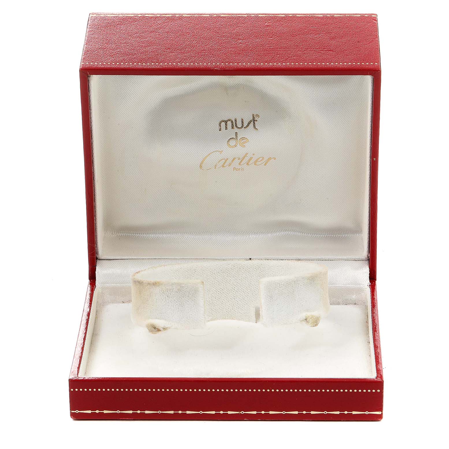 The image shows an open red box for the Panthere model by Cartier, displaying the interior cushion for the watch.