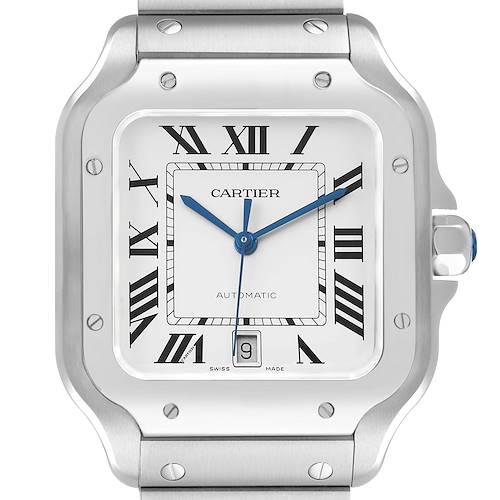 Photo of Cartier Santos Large Steel Silver Dial Mens Watch WSSA0018 Box Card