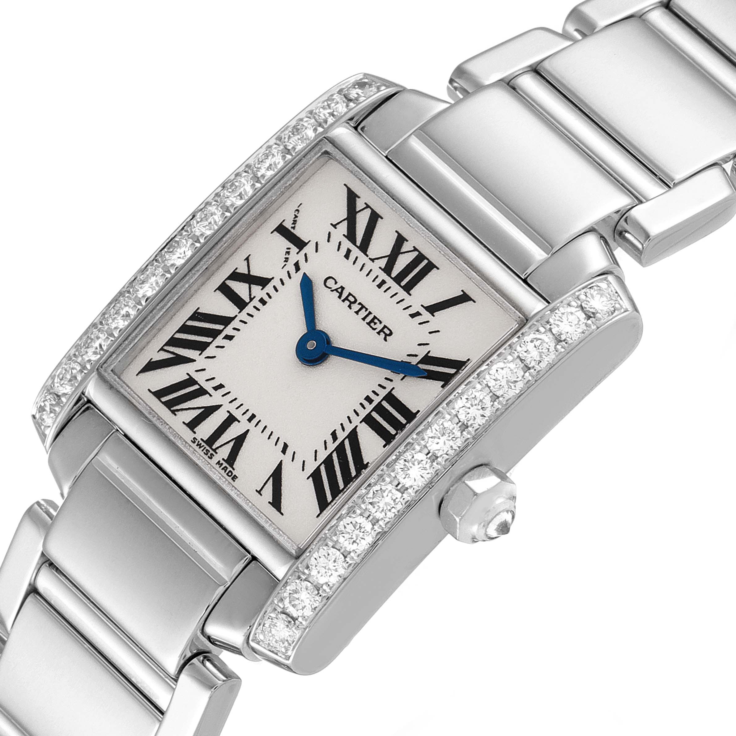 The Cartier Tank Francaise WE1002S3 Women's White Gold Silver Dial WE1002S3 Women's White Gold Silver Dial watch is shown at an angled view, displaying its rectangular face, diamond-set bezel, and stainless steel bracelet.