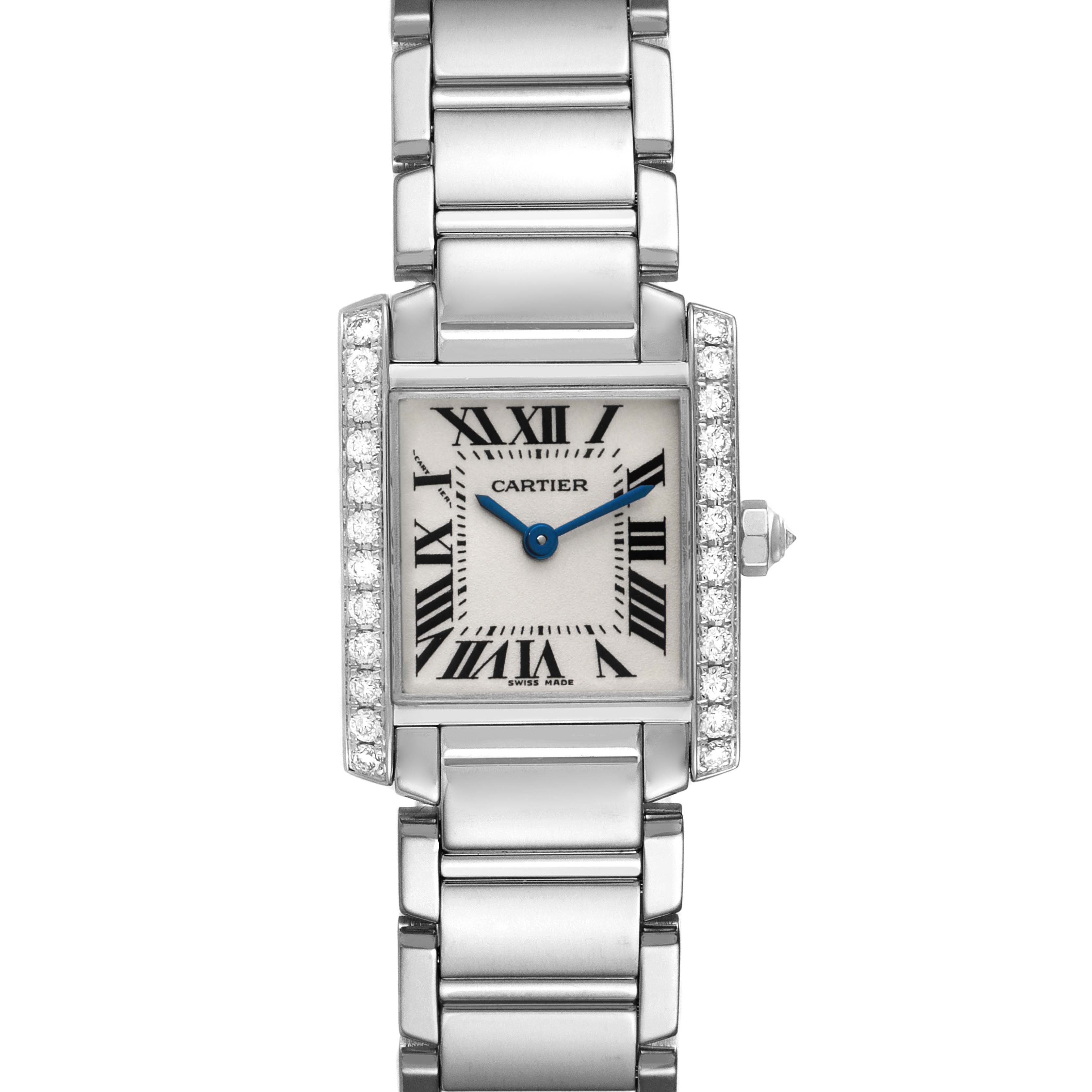 This top-down image shows the face and bracelet of the Cartier Tank Française watch.