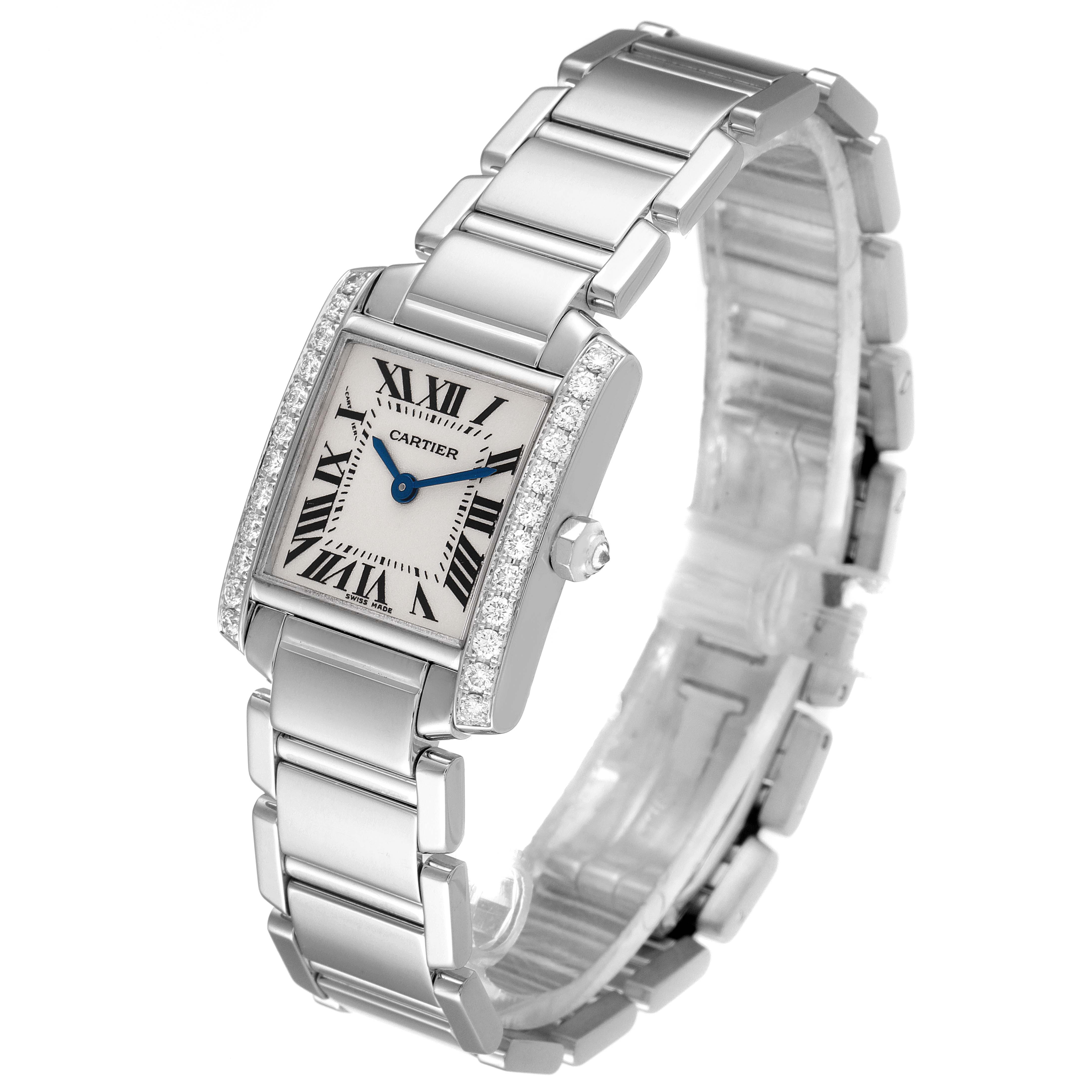 The image shows a Cartier Tank Française watch at a three-quarter angle, highlighting the face, bezel, and metal bracelet.