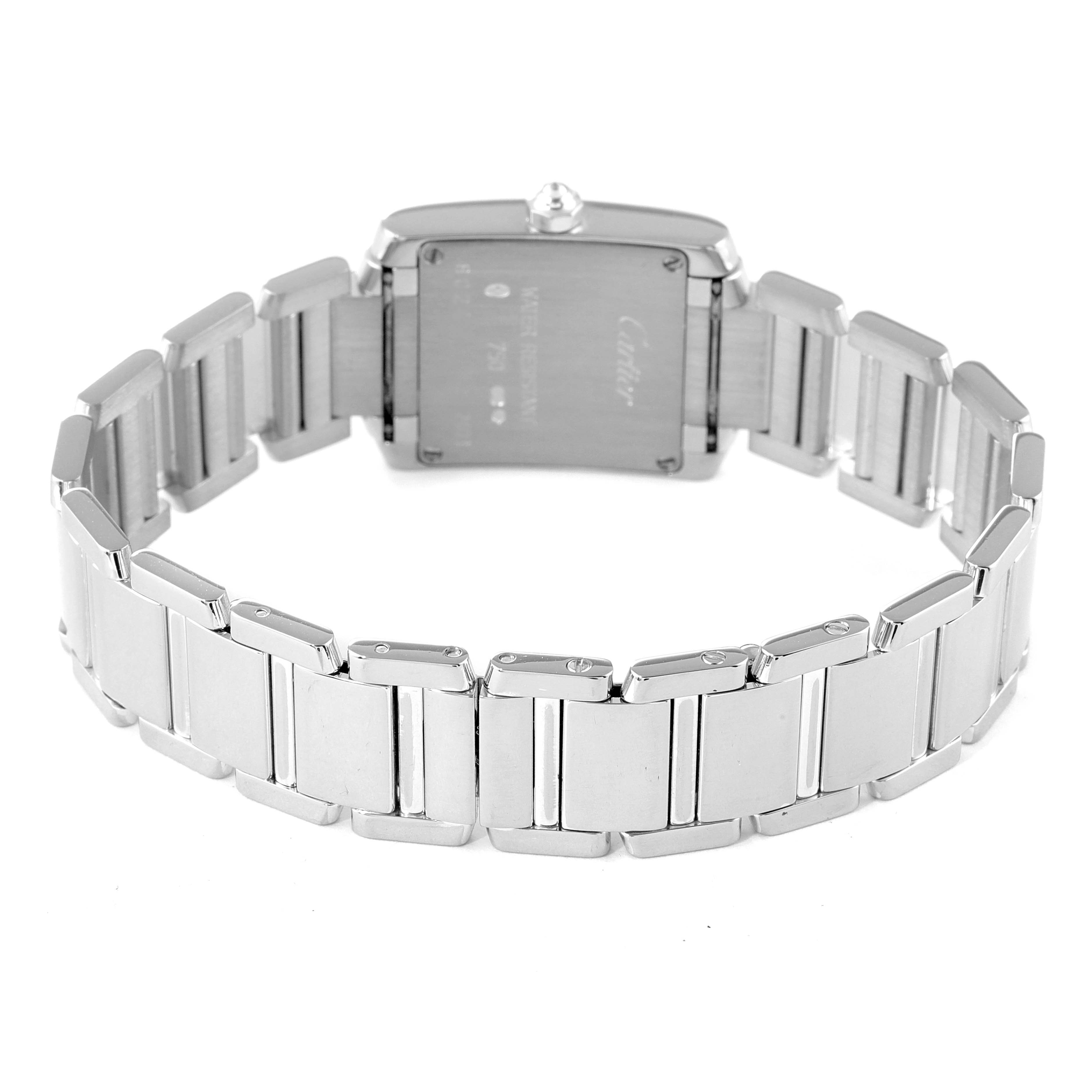 This image shows the back view of the Cartier Tank Francaise WE1002S3 Women's White Gold Silver Dial WE1002S3 Women's White Gold Silver Dial watch, highlighting its stainless steel bracelet and case back.