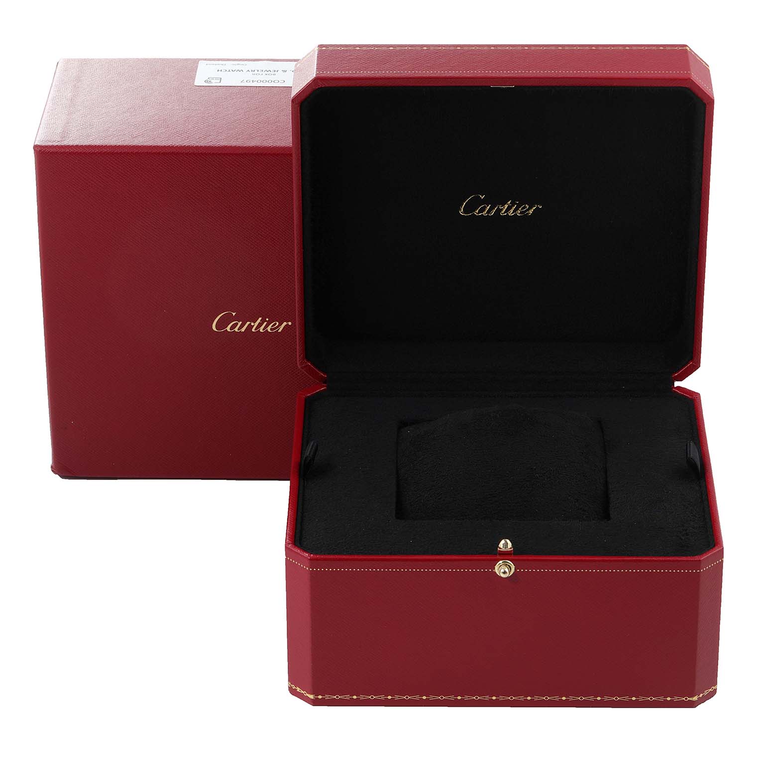 The image shows an open Cartier-branded red box for the Tank Francaise model watch.