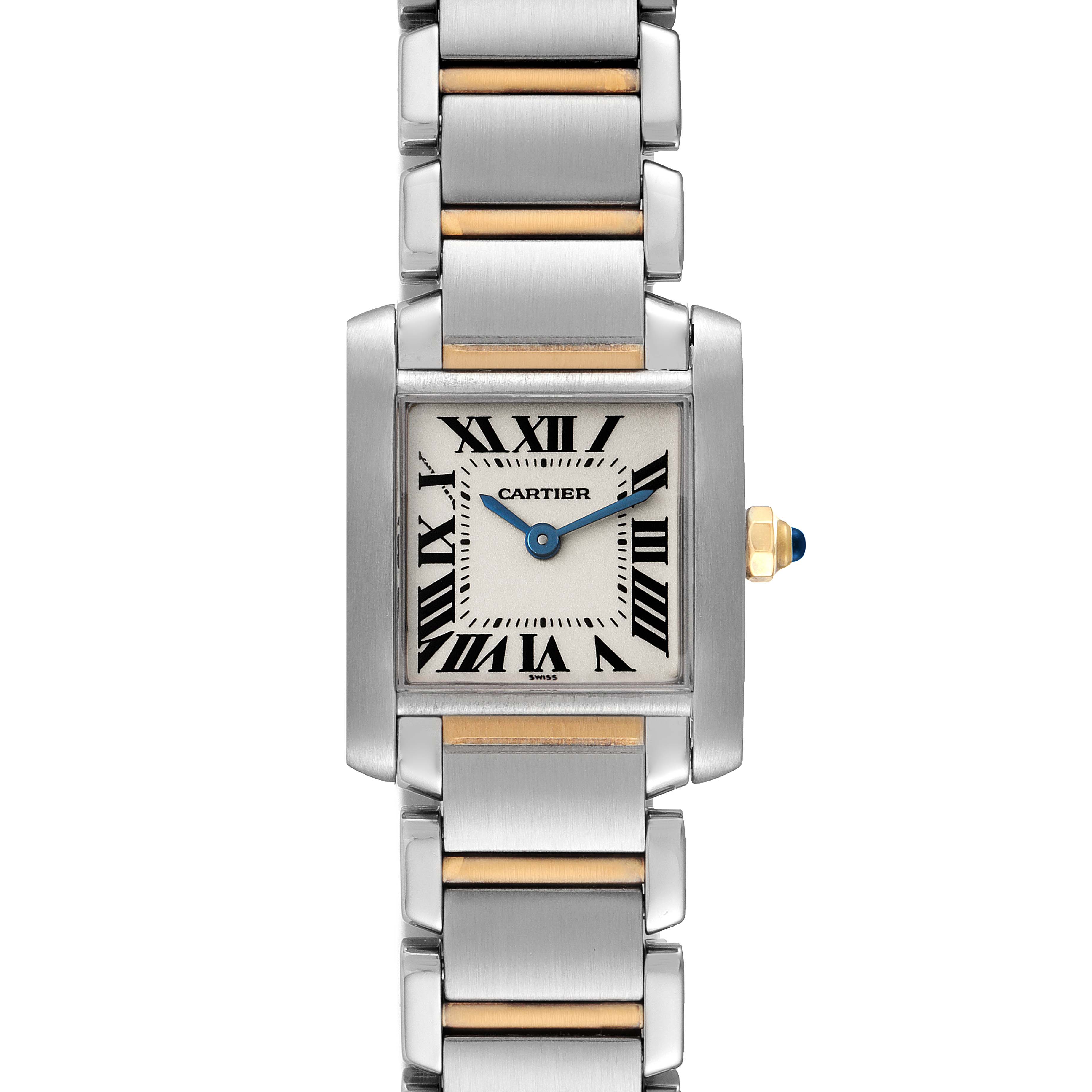 This is a straight-on view of the Cartier Tank Francaise W51007Q4 Women's Steel and Gold (two tone) Silver Dial W51007Q4 Women's Steel and Gold (two tone) Silver Dial watch, showing the face, bracelet, and crown.