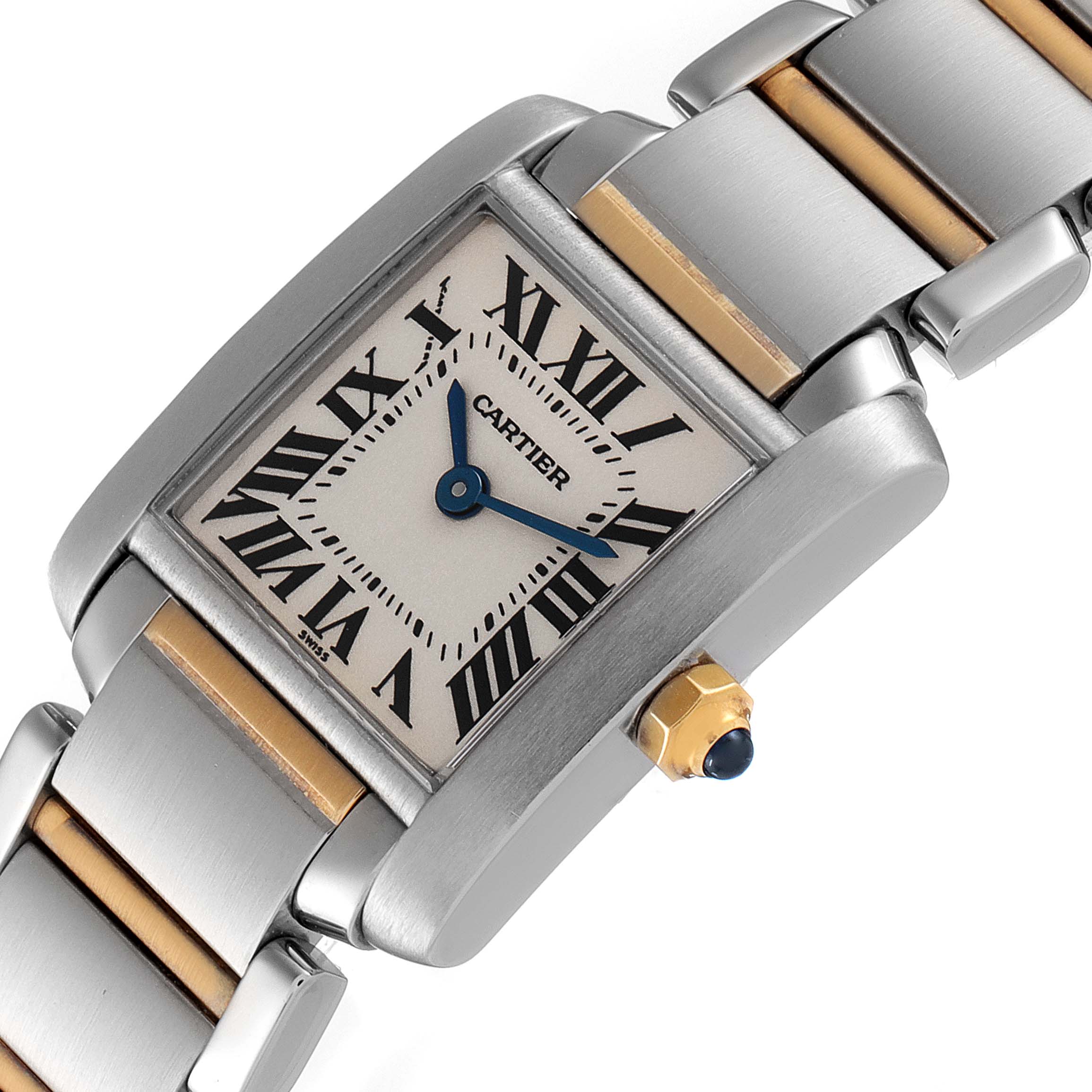 The Tank Francaise Cartier watch is shown from a slightly angled top view, highlighting the face, crown, and part of the bracelet.