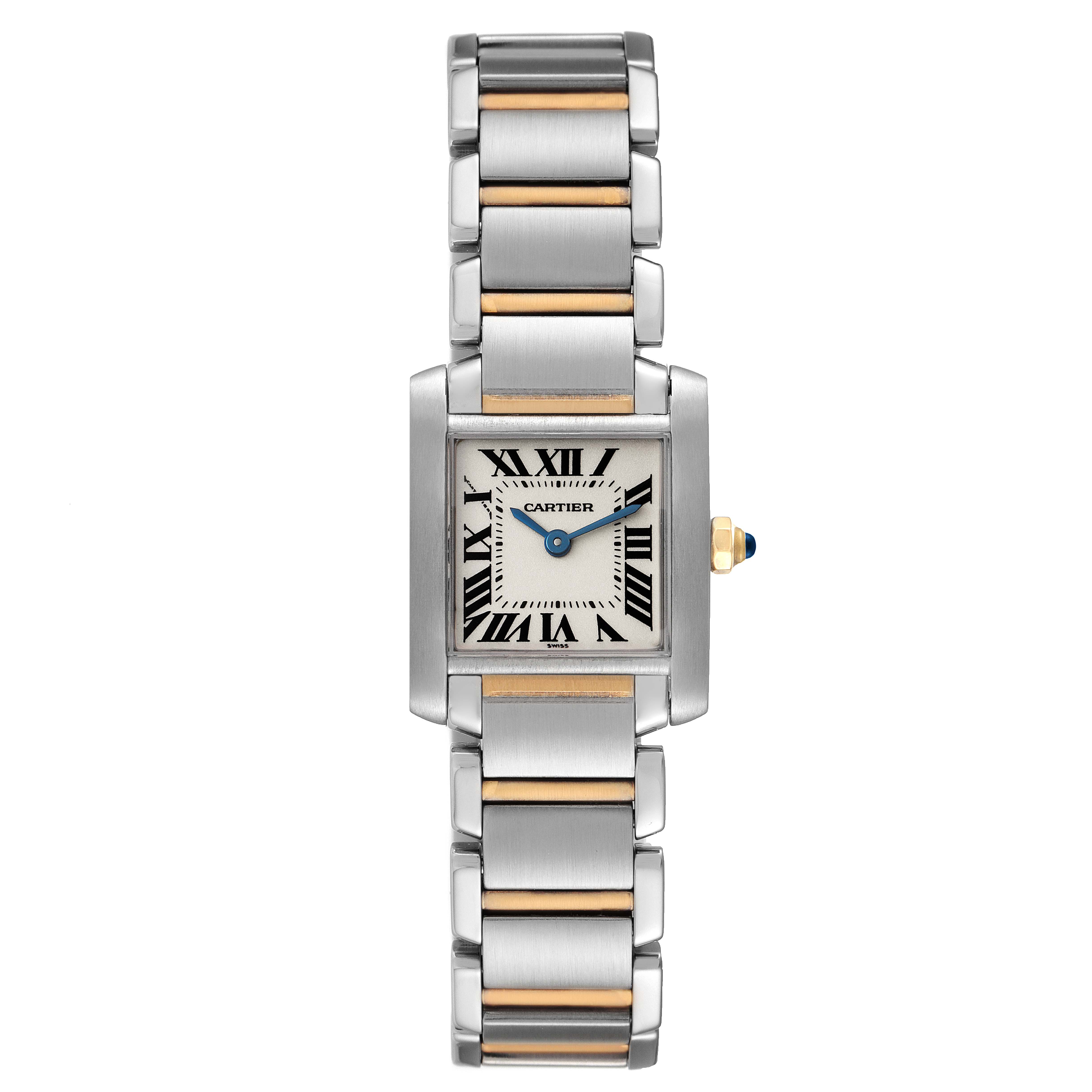 The image shows a Cartier Tank Francaise W51007Q4 Women's Steel and Gold (two tone) Silver Dial W51007Q4 Women's Steel and Gold (two tone) Silver Dial watch from a top-down angle, highlighting its rectangular face and metal bracelet.
