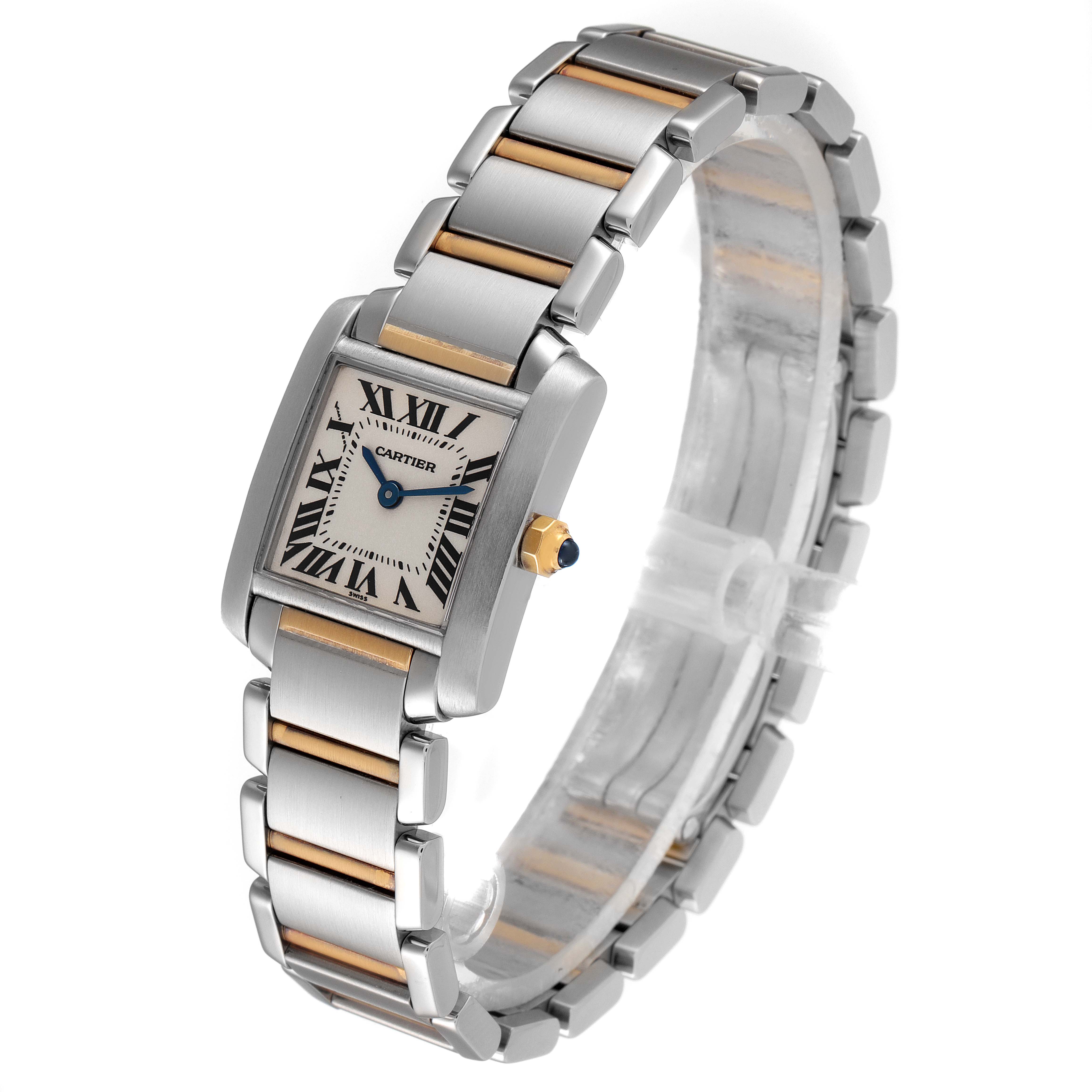 The Cartier Tank Francaise W51007Q4 Women's Steel and Gold (two tone) Silver Dial W51007Q4 Women's Steel and Gold (two tone) Silver Dial watch is shown at an angled view highlighting its face, bracelet, and crown.