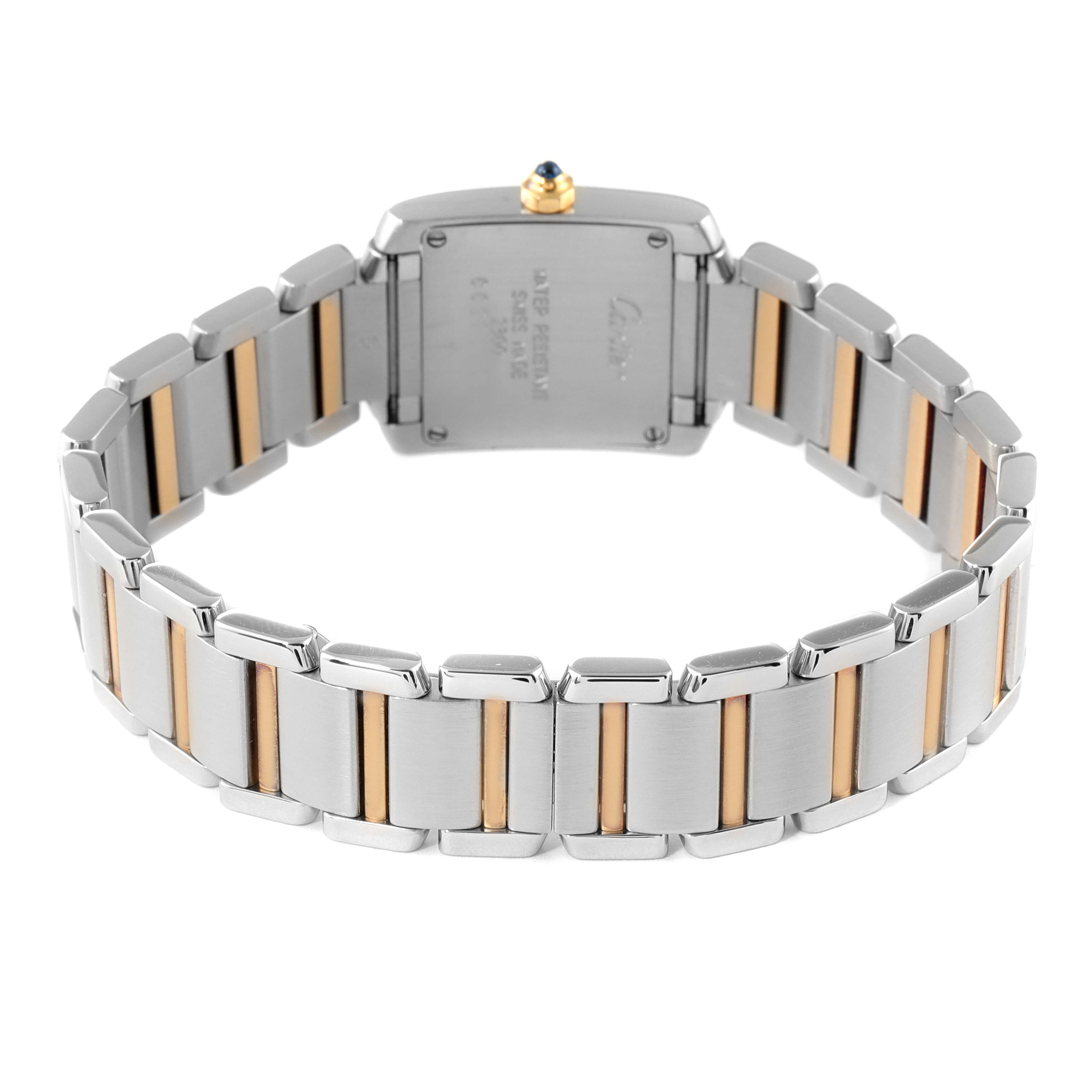 The image shows the back view of a Cartier Tank Francaise W51007Q4 Women's Steel and Gold (two tone) Silver Dial W51007Q4 Women's Steel and Gold (two tone) Silver Dial watch, highlighting its metal bracelet with gold accents.